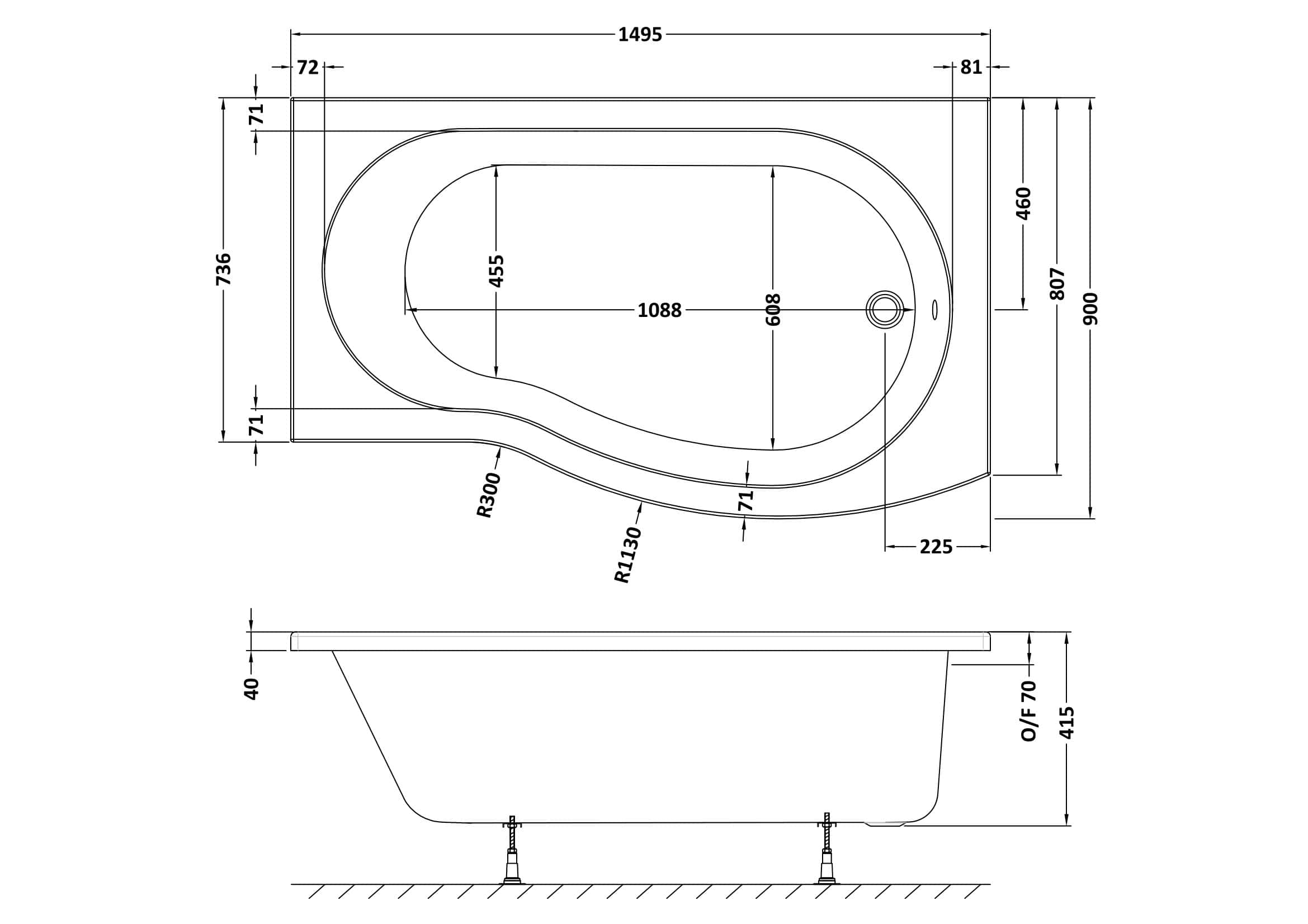 Contemporary bathtub technical drawing with detailed dimensions and installation specifications for modern bathroom design.