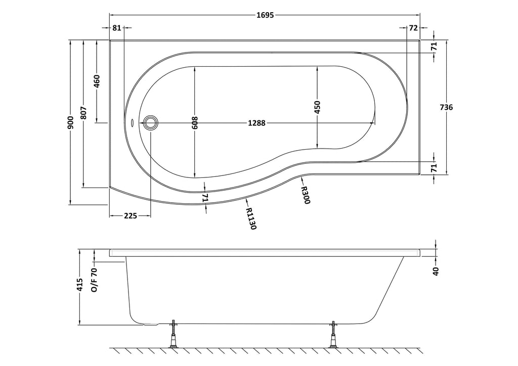 Schematic drawing of a modern bathtub with detailed measurements and dimensions for bathroom renovation and design purposes.