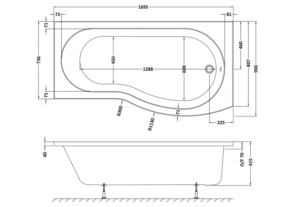 Sleek modern bathtub with precise dimensions ideal for contemporary bathroom designs in the UK. Showcases detailed technical blueprint for installation and space planning.