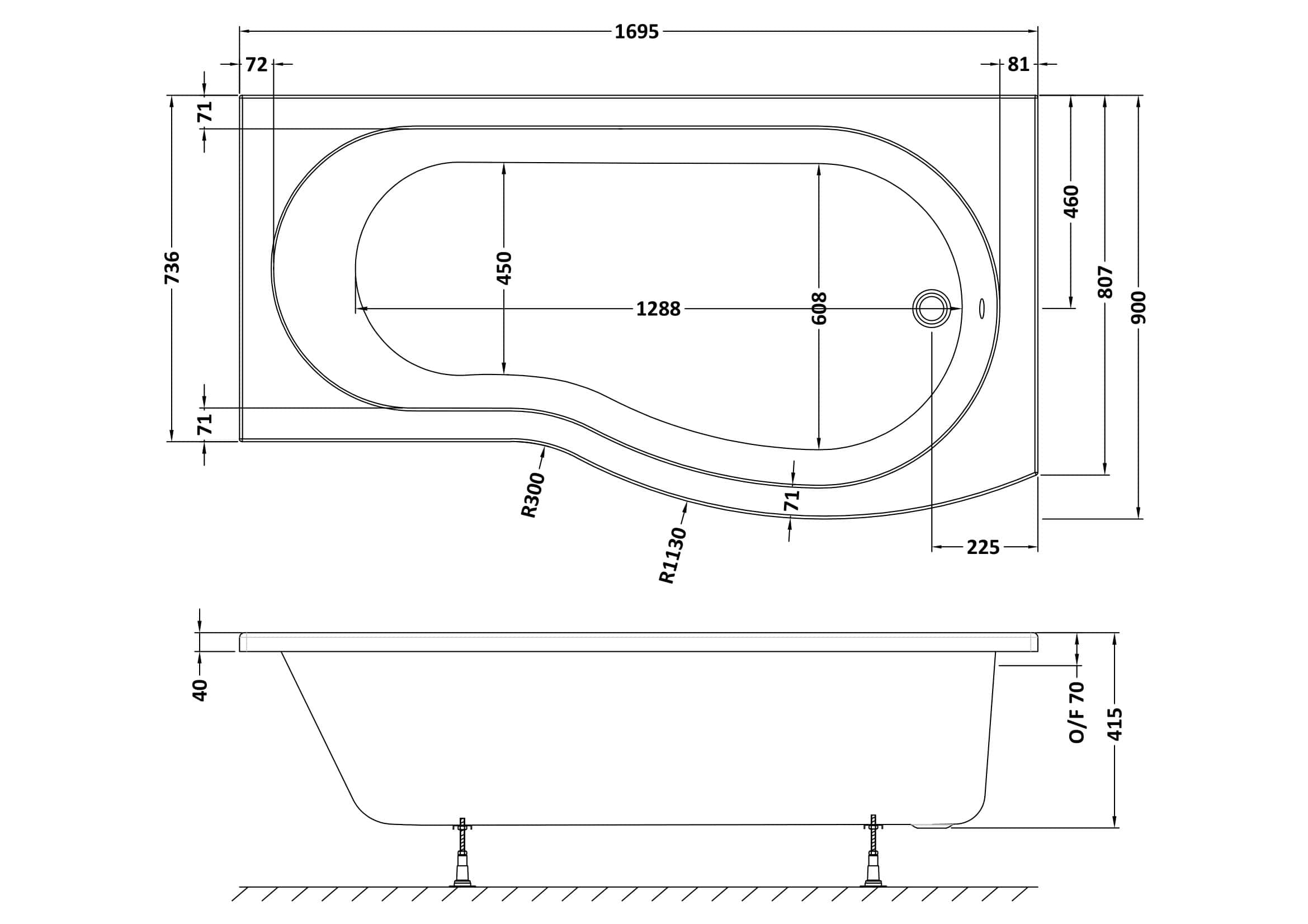 Sleek modern bathtub with precise dimensions ideal for contemporary bathroom designs in the UK. Showcases detailed technical blueprint for installation and space planning.