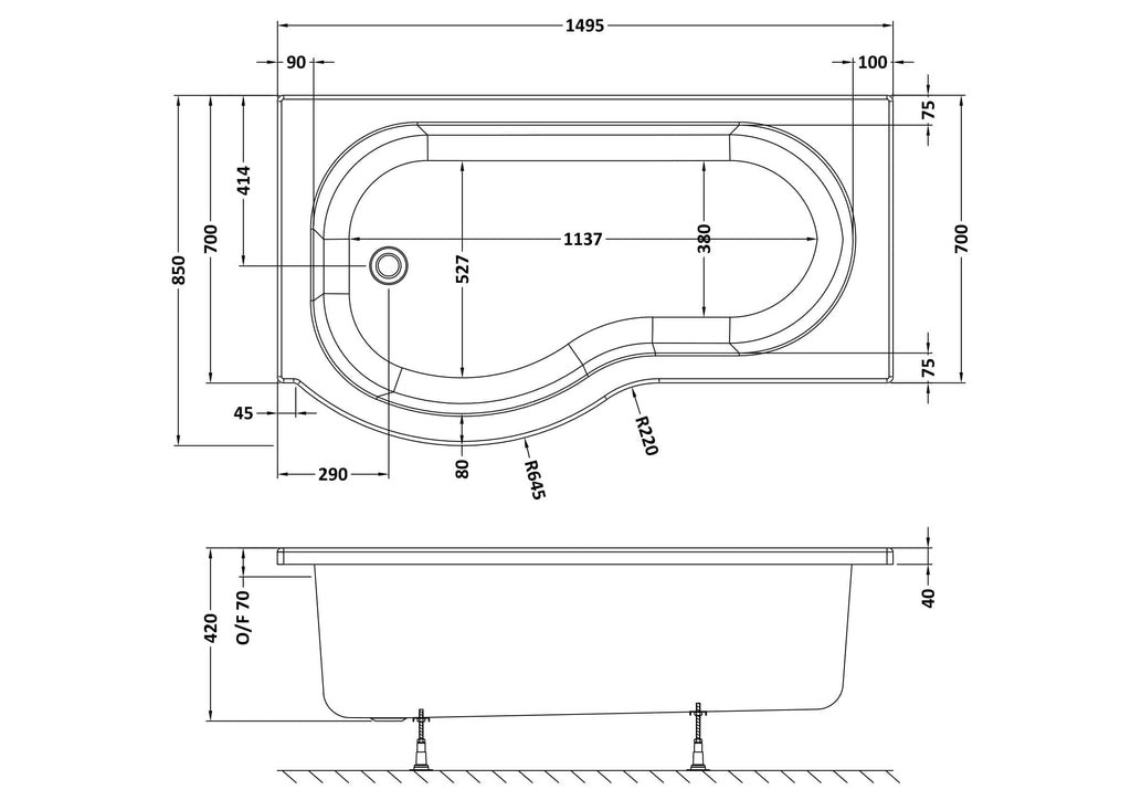 Schematic drawing of a modern bathtub with detailed measurements for bathroom renovation or installation projects.
