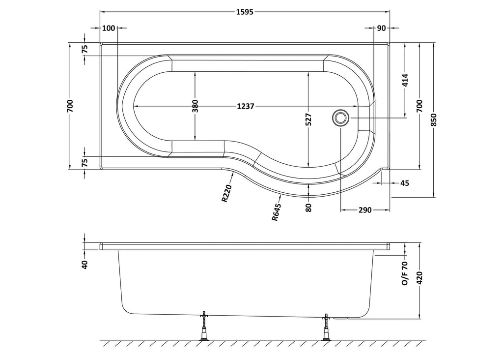 Modern freestanding bathtub with ergonomic design, detailed technical drawing, and precise measurements for bathroom renovation projects. Perfect for luxury bathroom installations.