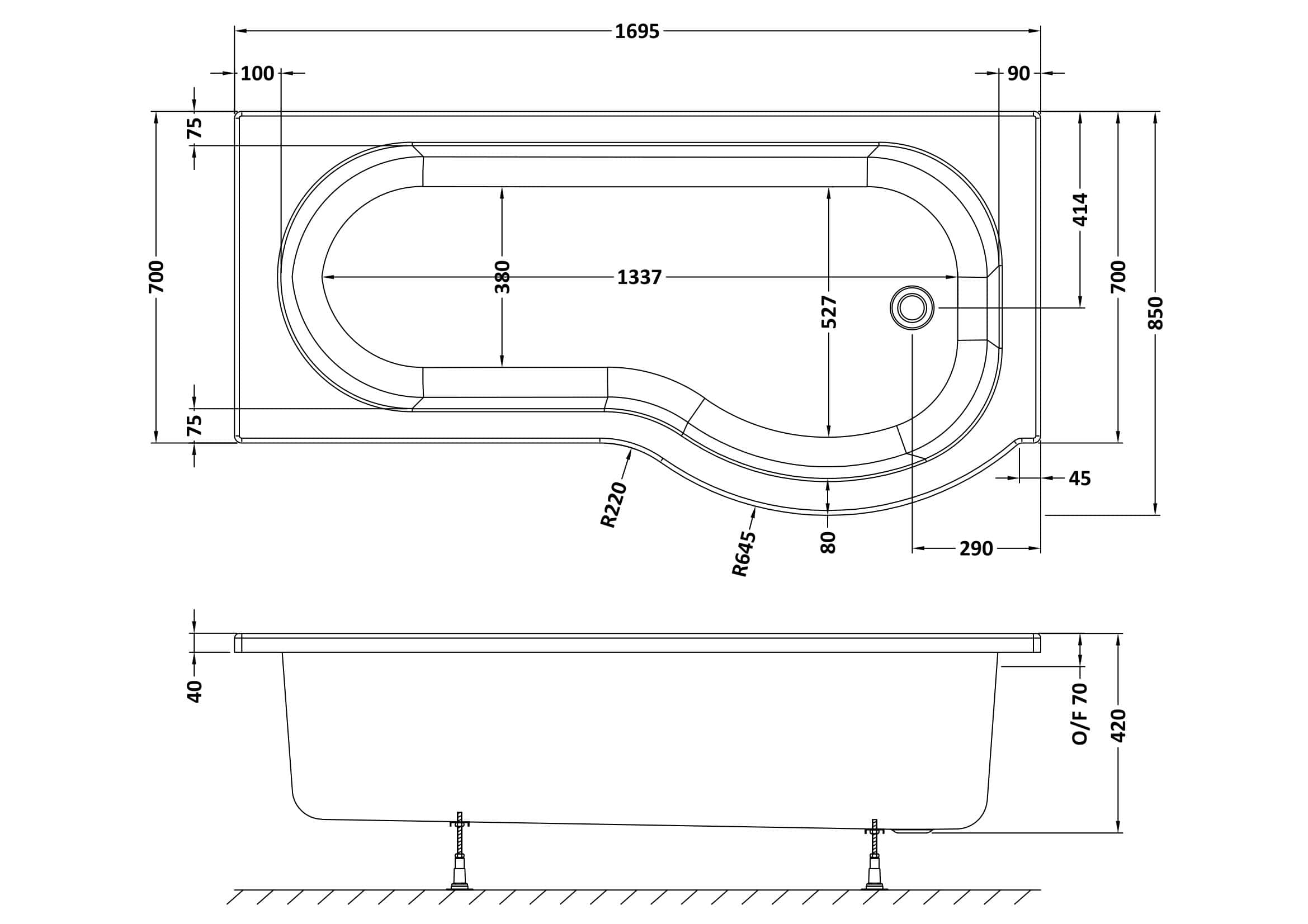Sleek modern bathtub design with detailed technical specifications, ideal for contemporary bathrooms. Featuring precise measurements, smooth curves, and robust structure for luxury and functionality.