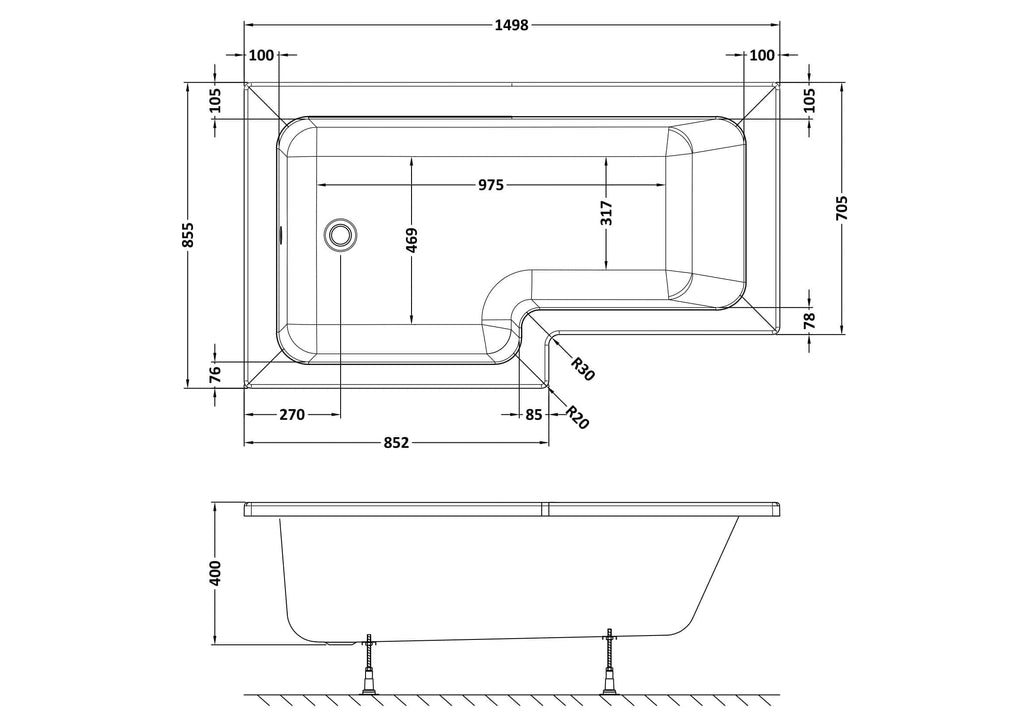 Schematic drawing of a modern bathtub with precise measurements, showcasing a spacious and functional design ideal for contemporary bathrooms, featuring ergonomic curves and accessible layout.