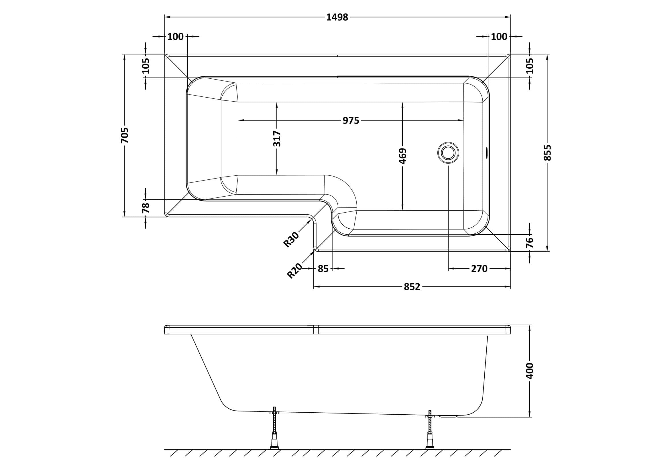Image of a detailed technical drawing of a bathroom bathtub, including precise measurements and rounded corner features. Suitable for bathroom renovation planning and design ideas.