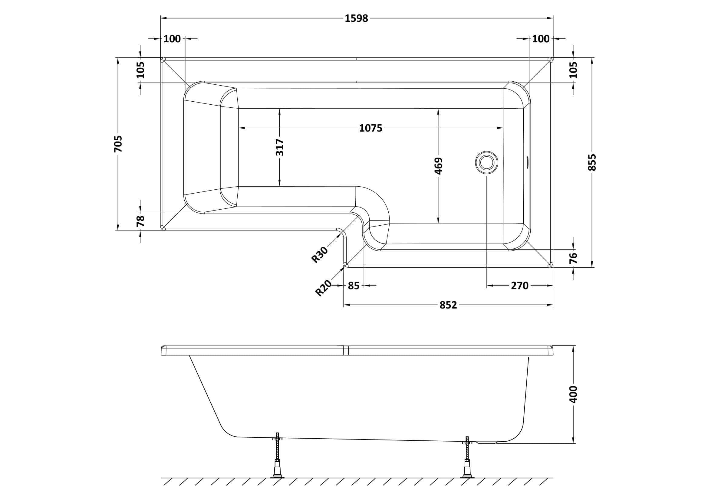 High-quality technical drawing of a modern bathtub featuring precise measurements and ergonomic design, ideal for luxury bathroom renovations and custom bathroom installations.