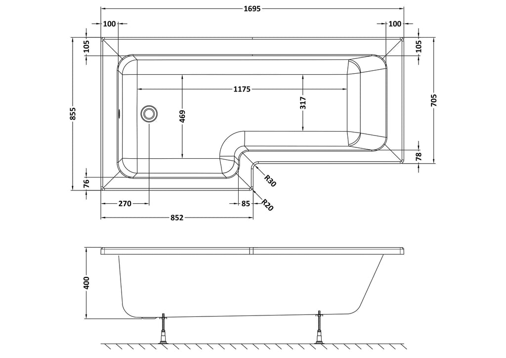 Sleek modern bathtub with detailed measurements and ergonomic design, perfect for contemporary bathroom renovations, featuring a spacious interior and strategic drainage.