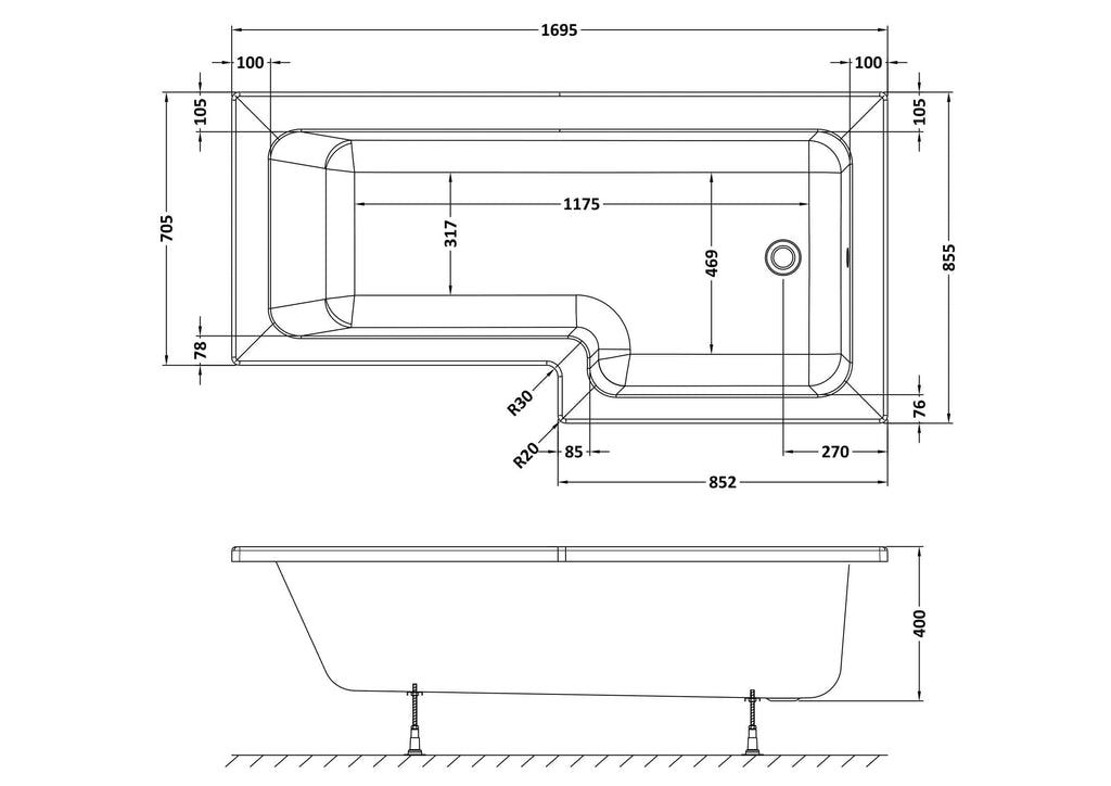 Modern bathroom bathtub with detailed technical drawing, showcasing dimensions and design for luxurious and stylish bathroom renovations.