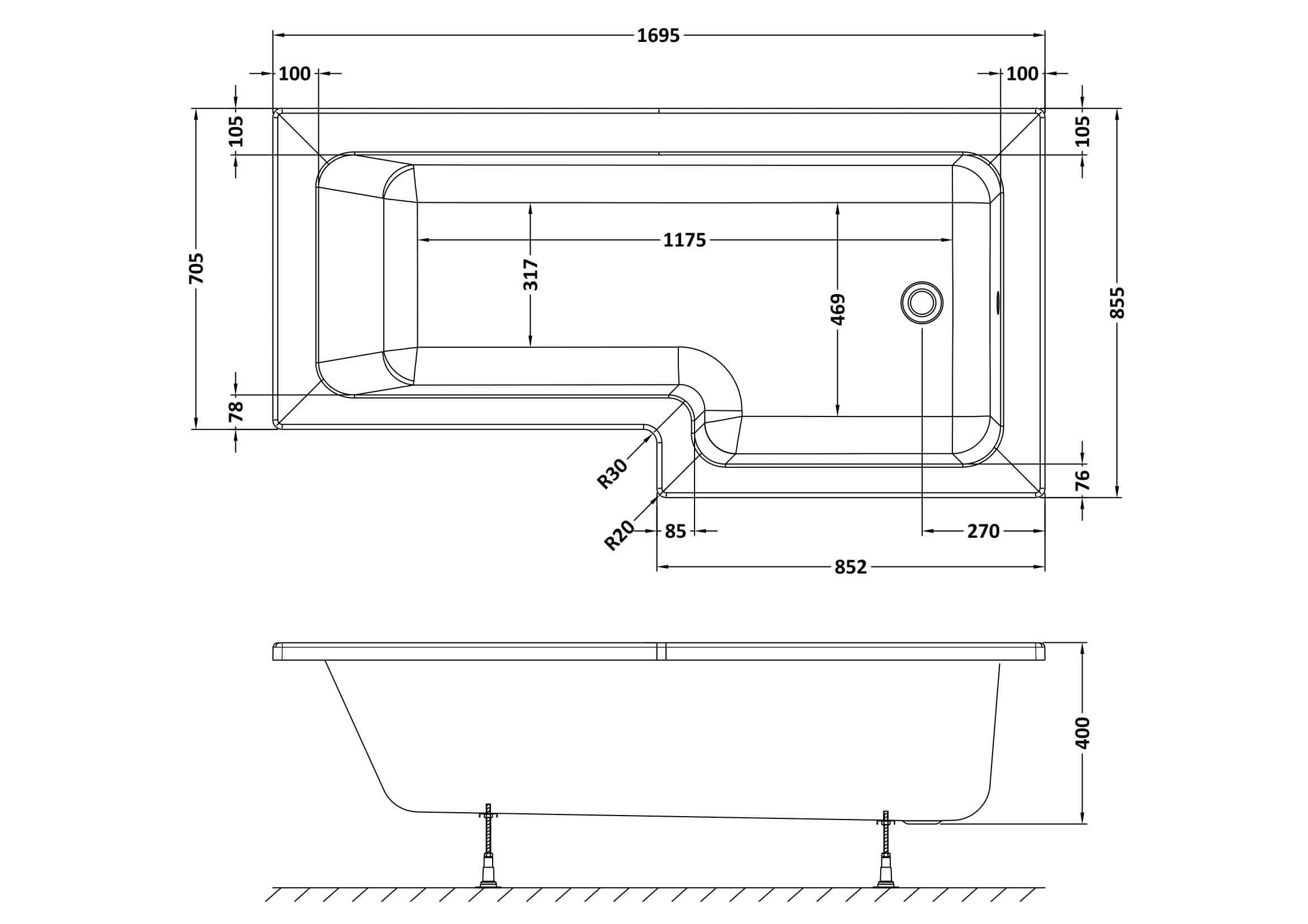 Modern bathroom bathtub with detailed technical drawing, showcasing dimensions and design for luxurious and stylish bathroom renovations.