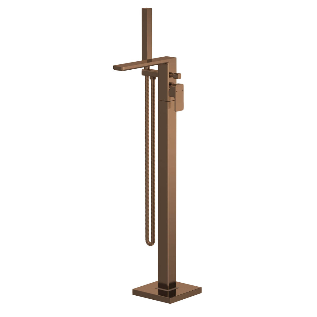 Polished bronze freestanding bathtub filler with hand shower and modern design, perfect for luxury bathrooms. Suitable for elegant, contemporary bathroom decor and high-end bathroom renovations.