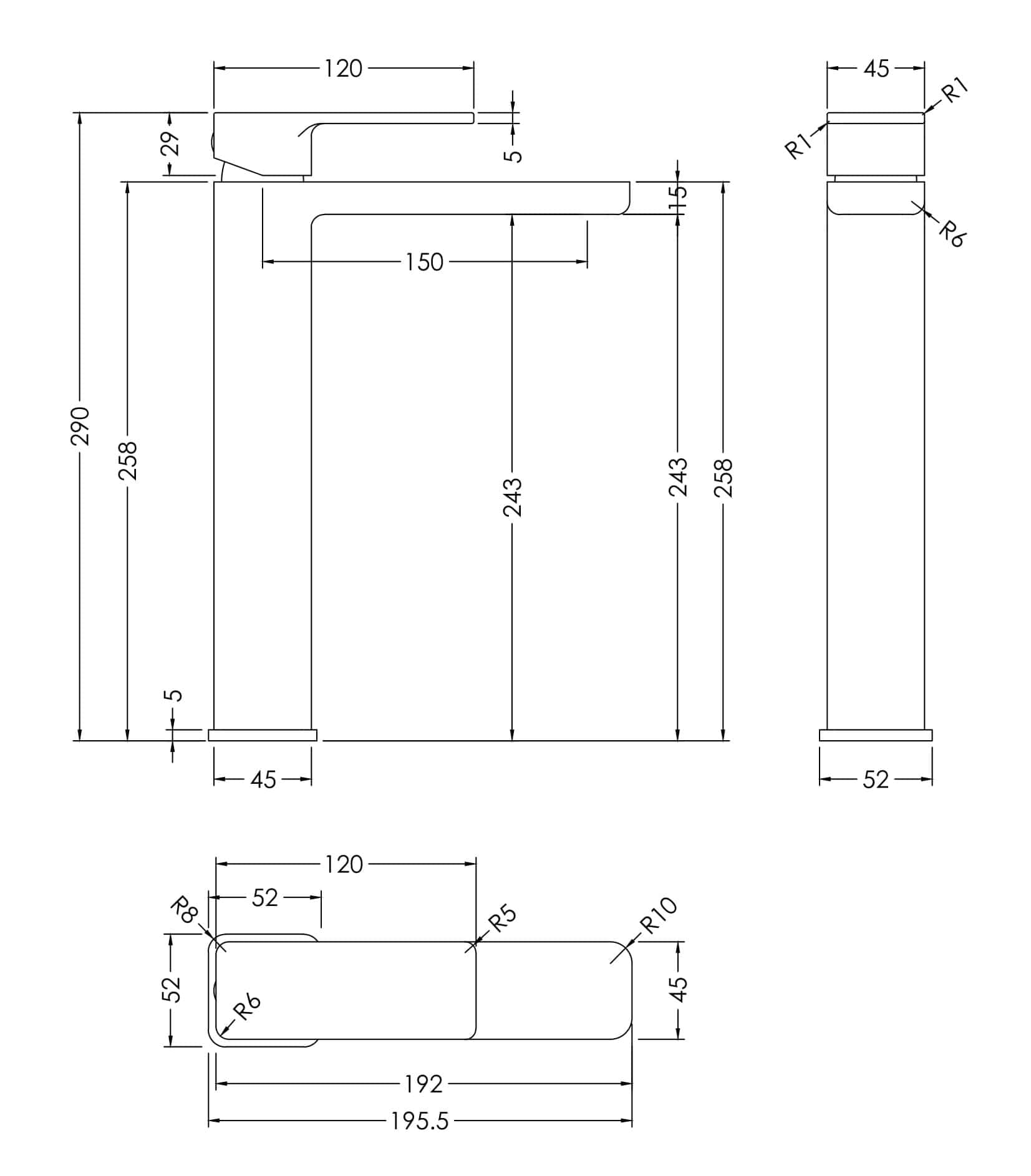 Modern bathroom faucet with sleek design and precise measurements for installation.
