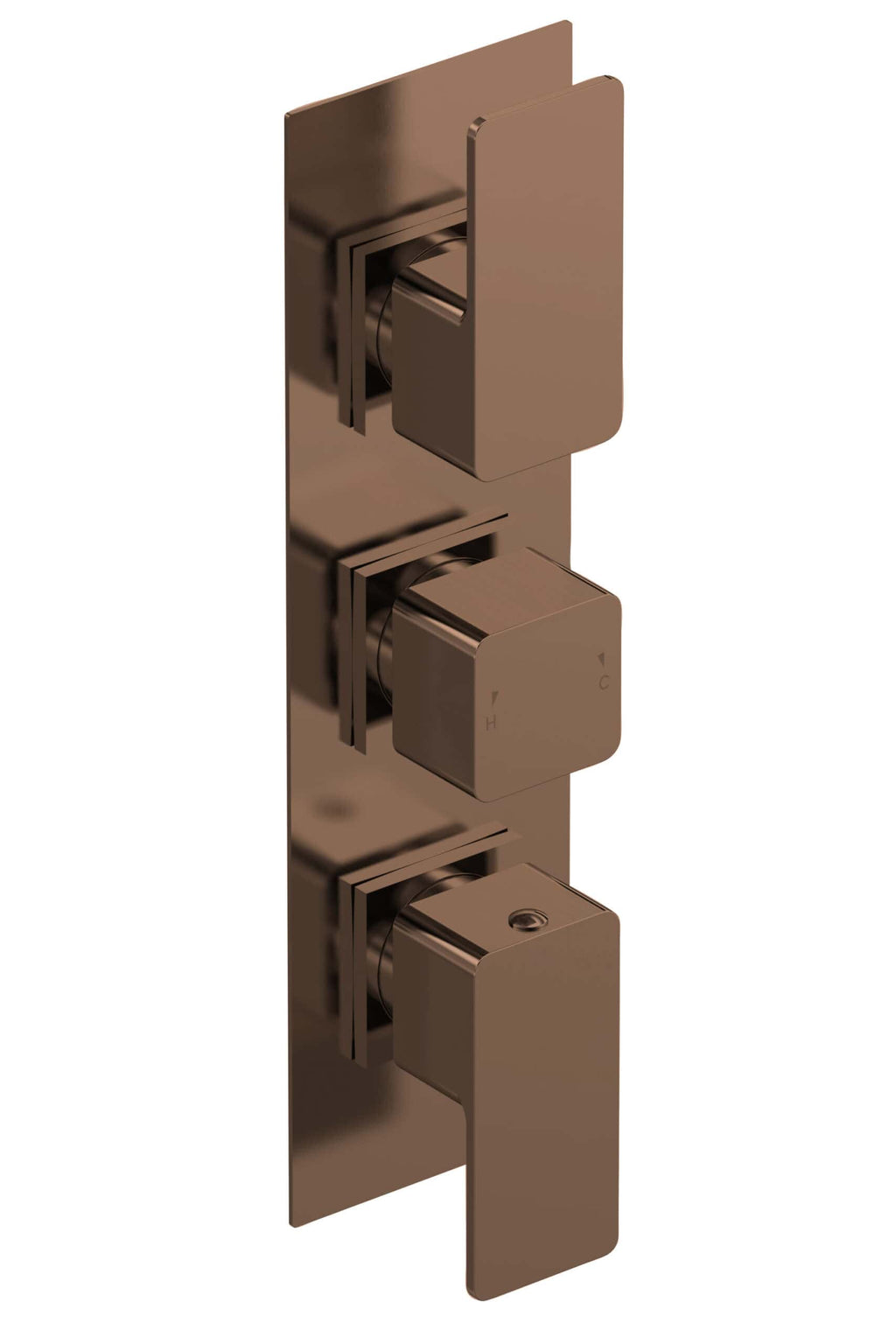 Sleek bronze thermostat control panel for modern bathroom heating and shower systems.