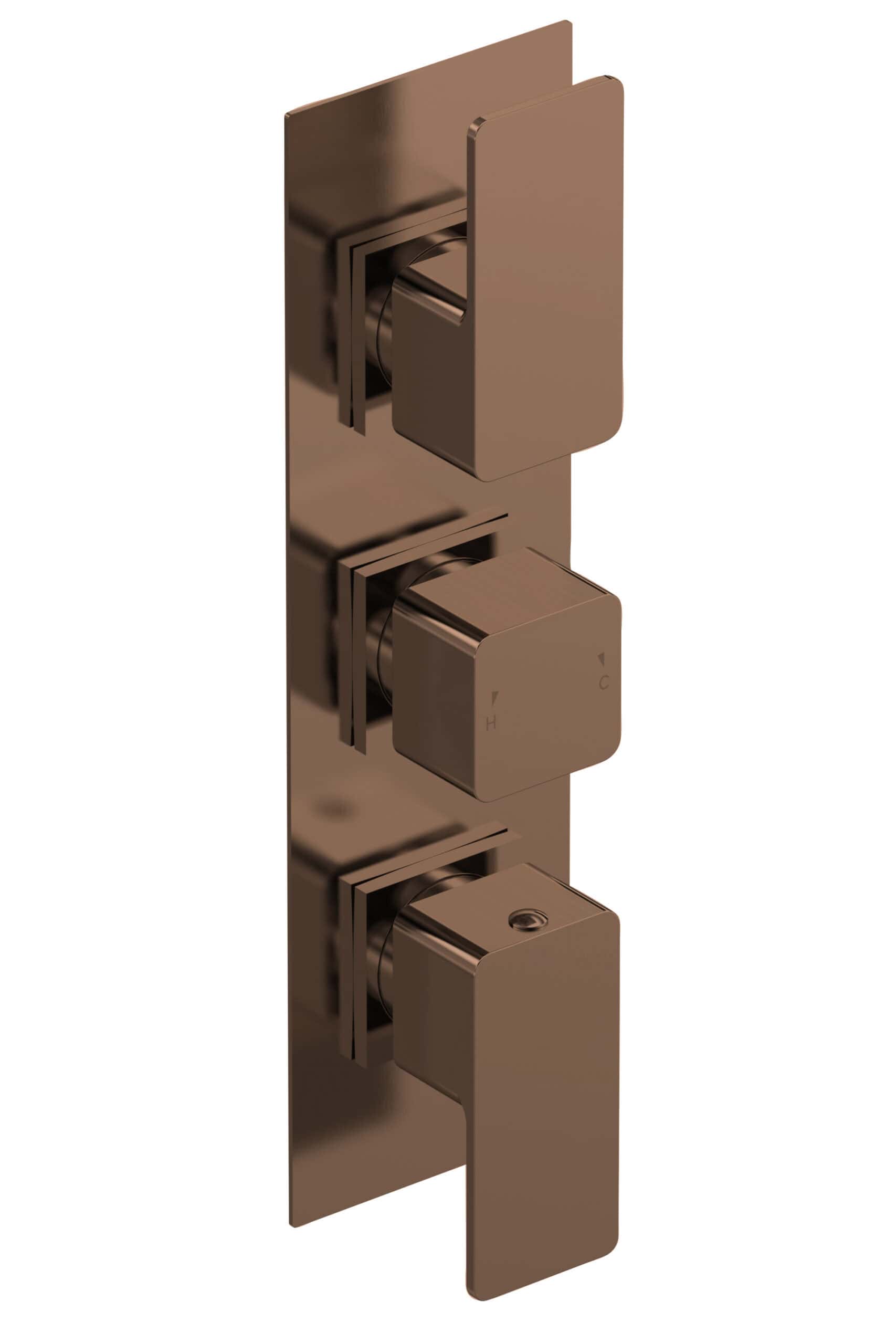 Sleek bronze thermostat control panel for modern bathroom heating and shower systems.