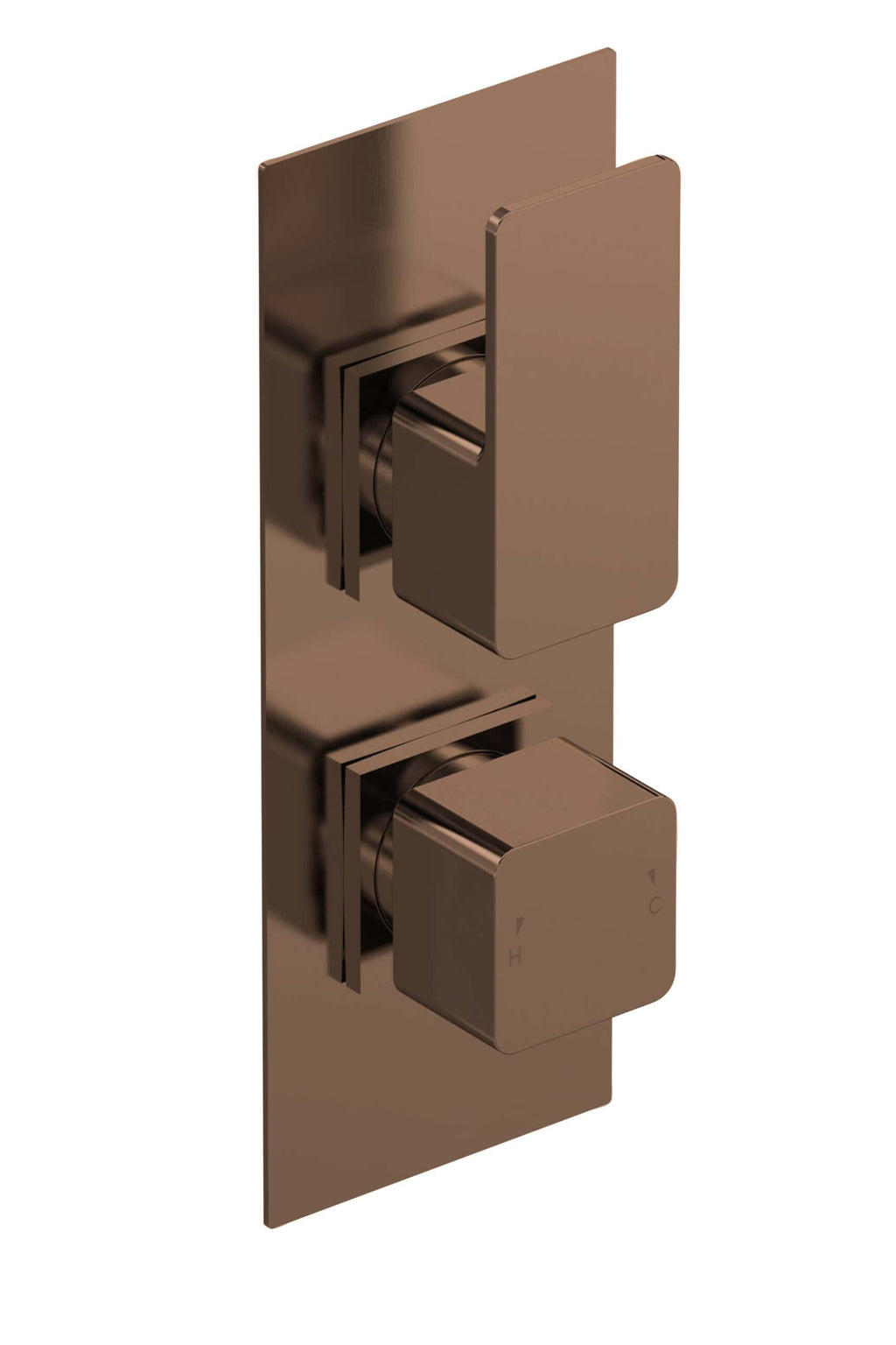 Sleek rose gold shower valve with modern square adjustable controls for temperature and flow, perfect for contemporary bathroom upgrades.