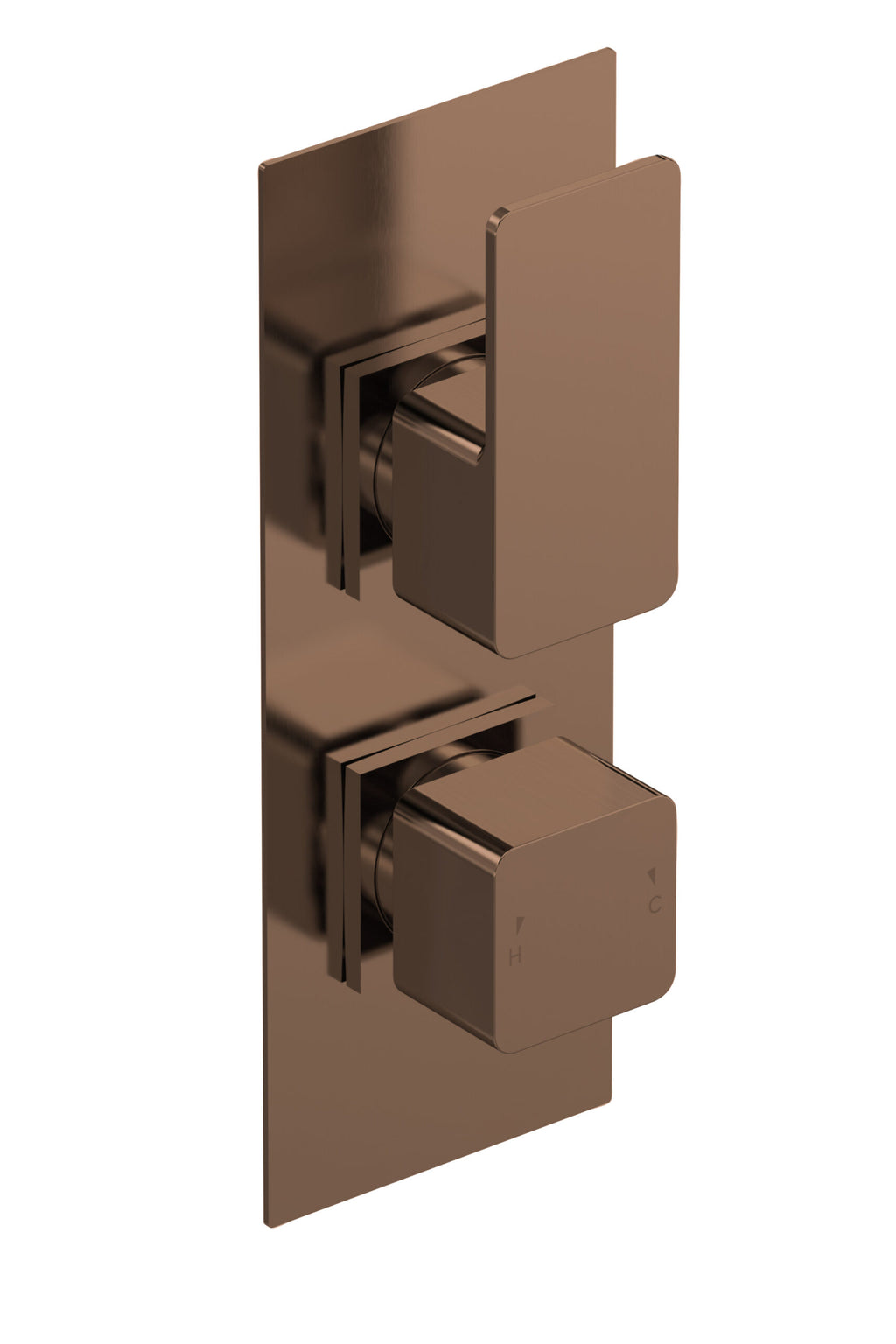 Sleek bronze thermostatic shower valve with dual control knobs, modern bathroom fixture for precise temperature regulation.