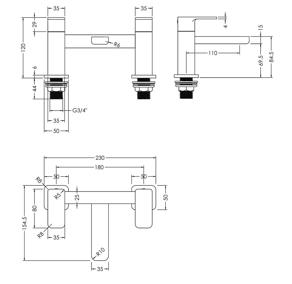 Brass bathroom basin tap technical drawing with measurements and dimensions for installation and design.