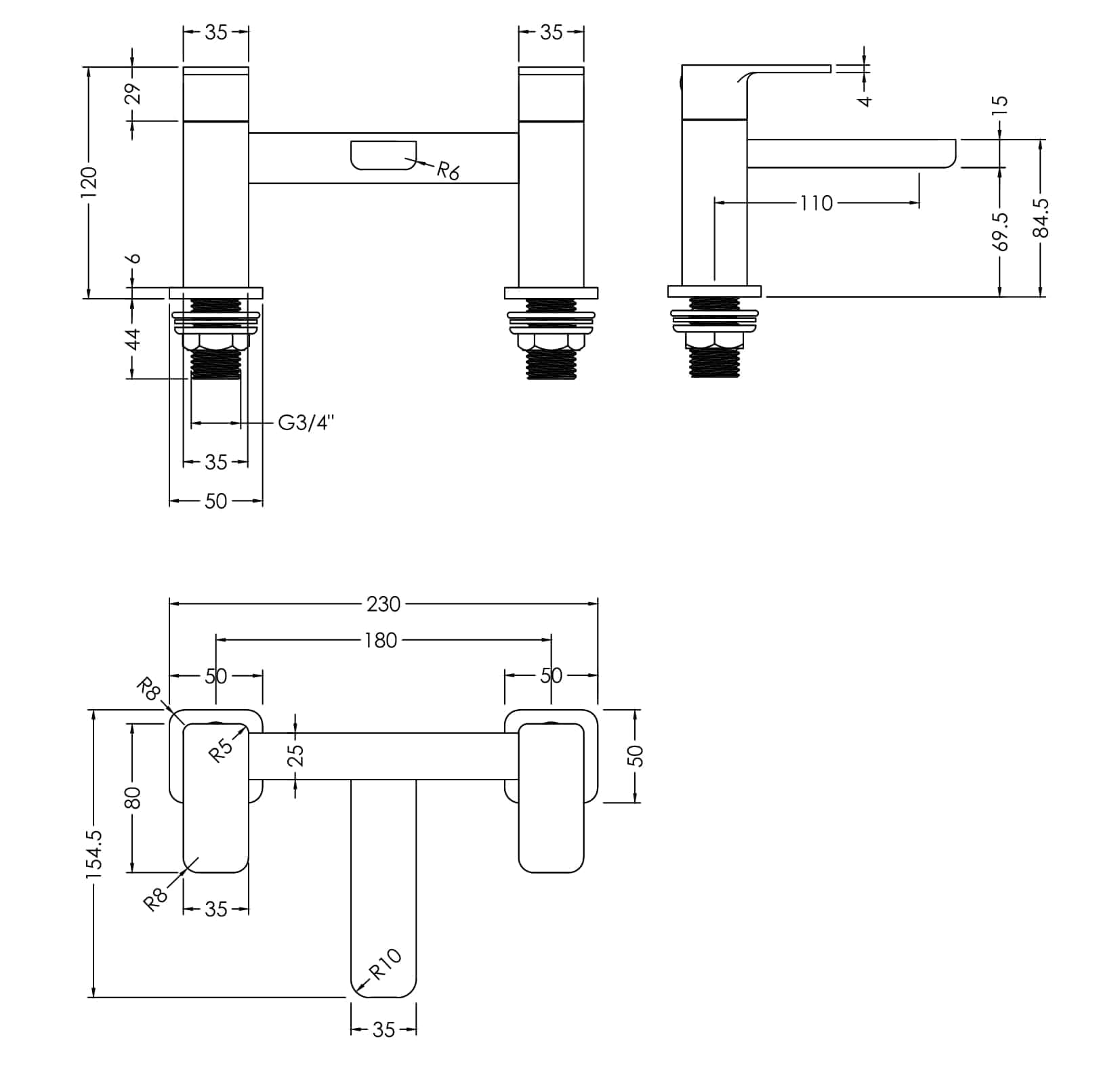 Brass bathroom basin tap technical drawing with measurements and dimensions for installation and design.