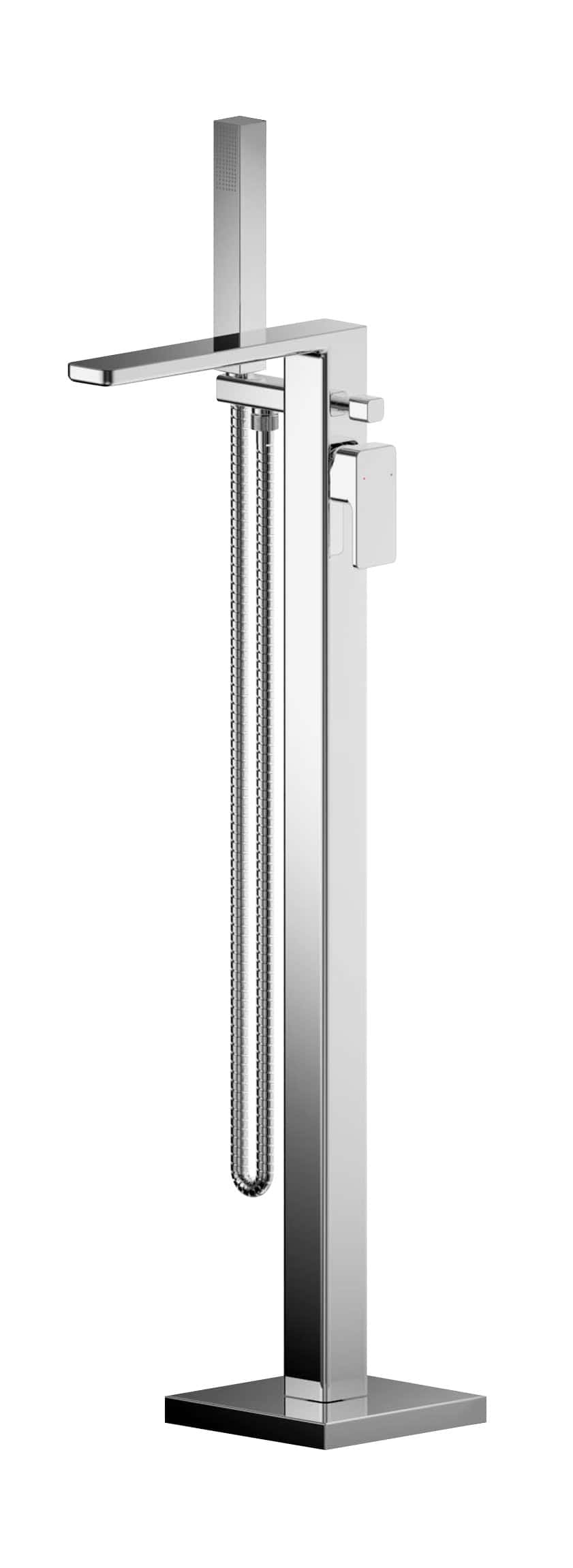 Sleek modern bathroom floor-mounted waterfall faucet with hand shower in polished chrome finish. Perfect for contemporary bathroom designs and creating a luxurious bathing experience.