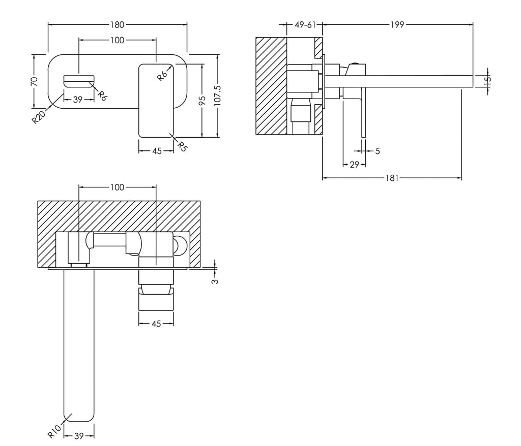 High-quality technical drawing of Bubly Bathrooms faucet installation with detailed measurements and specifications for precise bathroom fittings.