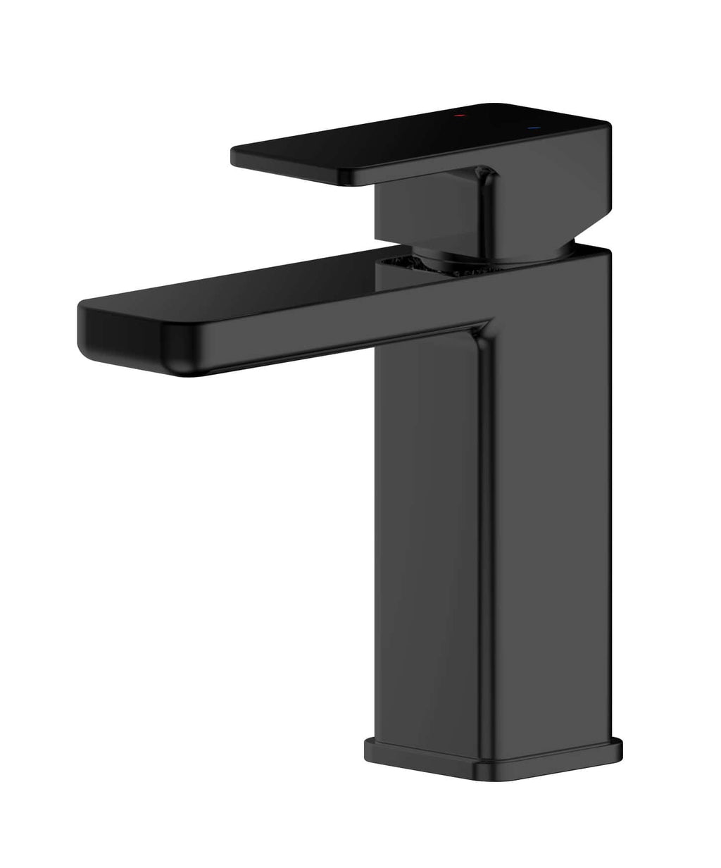Sleek black modern bathroom tap with a minimalist design, perfect for contemporary baths and sinks, featuring a single lever handle for easy water control.