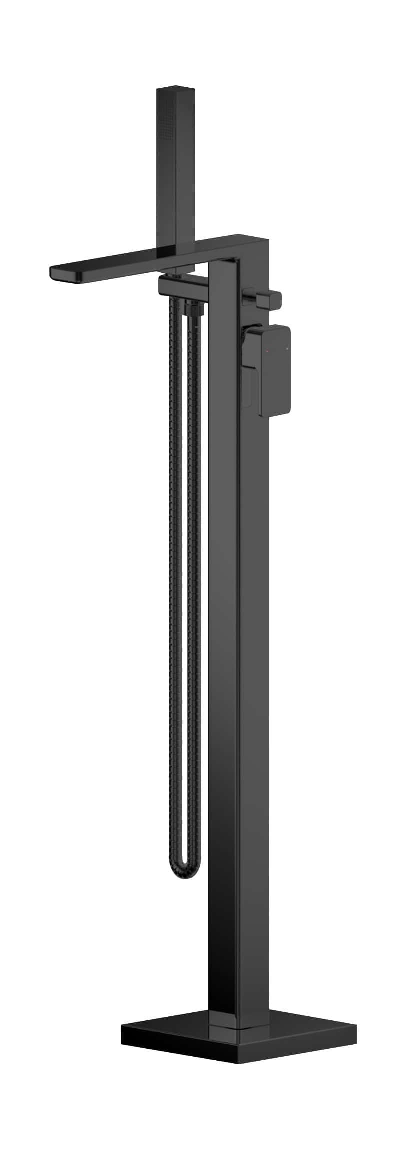 Modern black freestanding bathtub filler tap with handheld shower attachment, designed for luxurious bathroom installations and contemporary aesthetics.