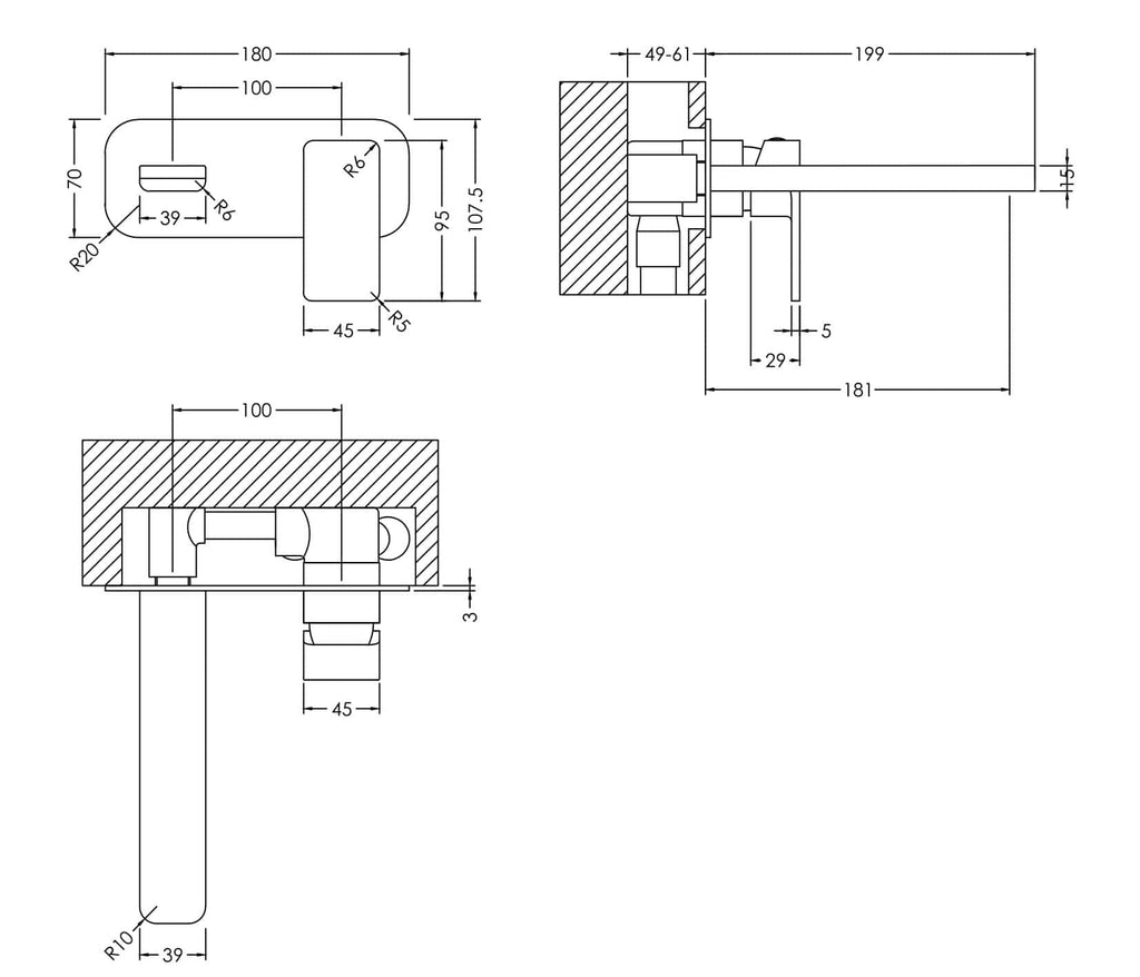 Exploded technical drawing of Bubly Bathrooms plumbing fixture with precise measurements and detailed schematics.