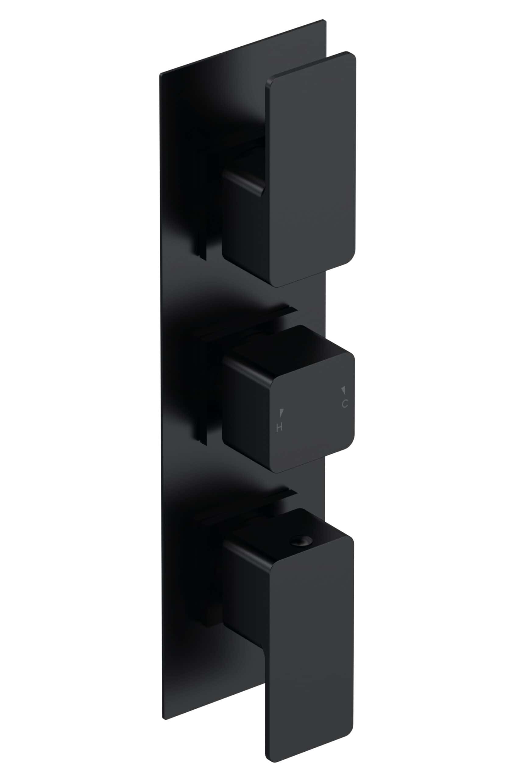 Sleek black thermostatic shower control panel with digital display and multiple adjustment buttons, perfect for modern bathrooms.