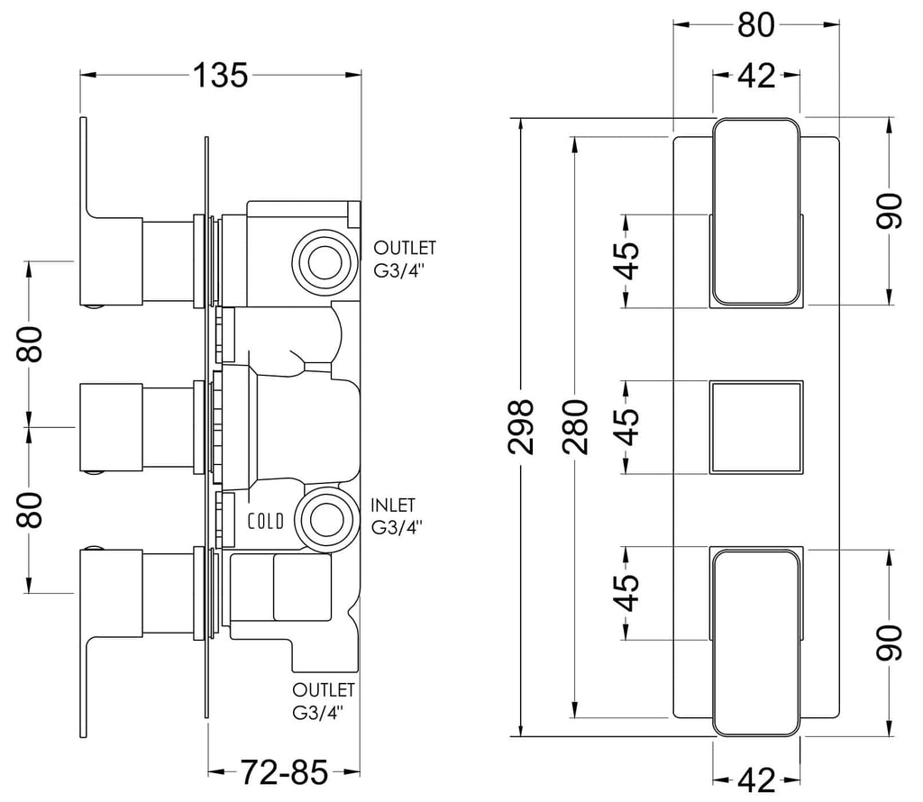 High-quality bathroom mixer valve with detailed technical drawing, suitable for modern bathroom installations, featuring G3/4" inlets and outlets, precise measurements, and durable construction.