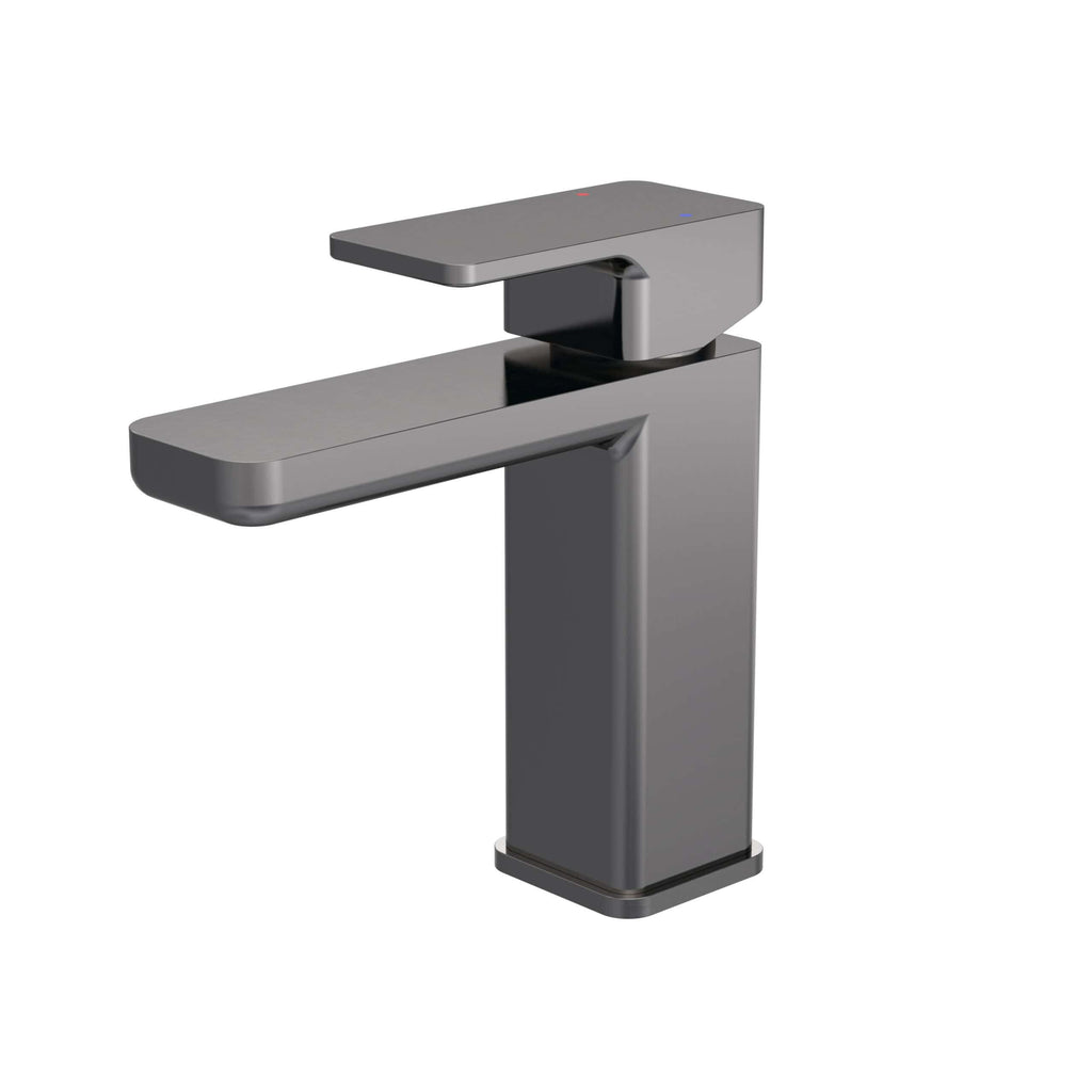 Sleek modern grey bathroom faucet with a minimalist design, perfect for contemporary bathroom remodels and installations.