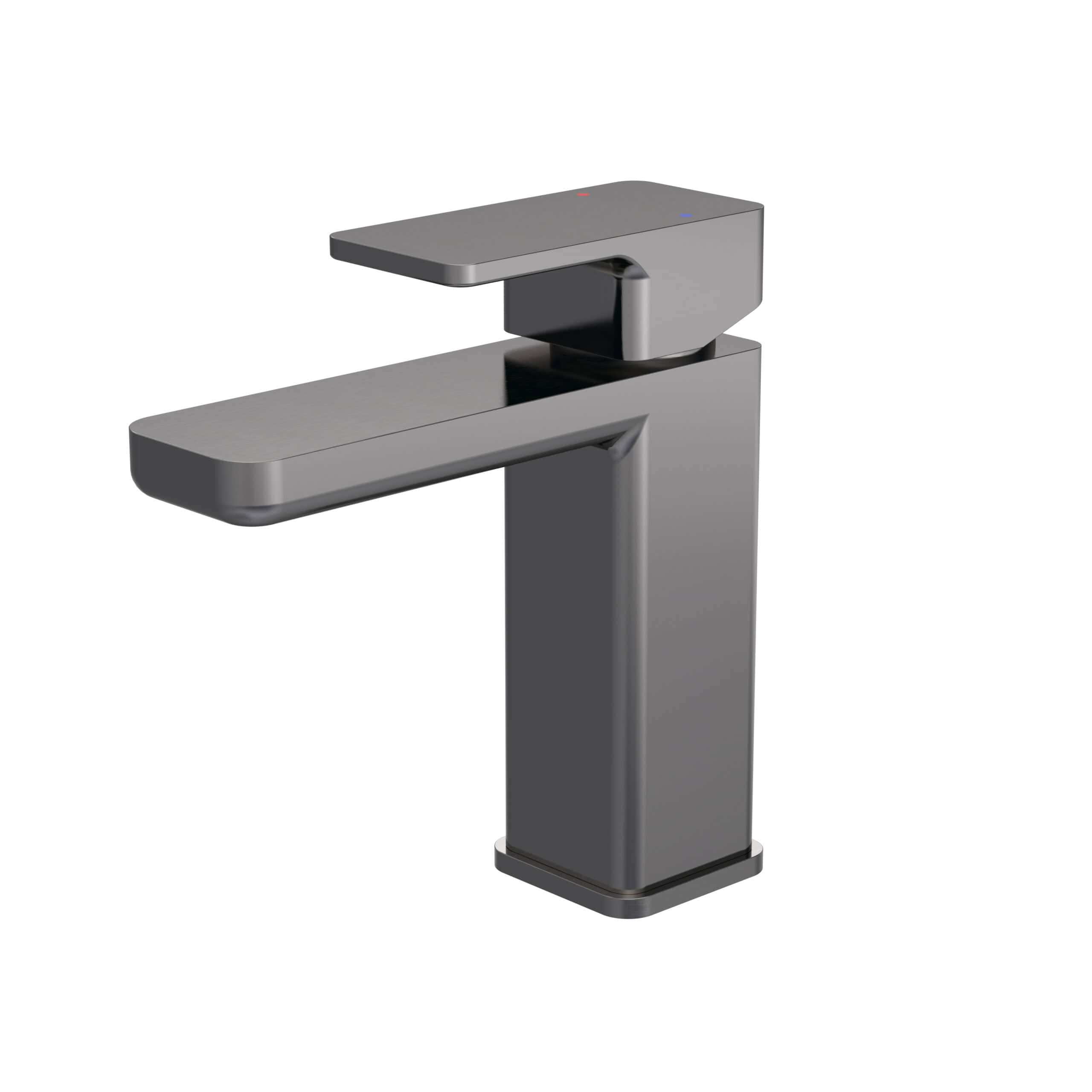 Sleek modern grey bathroom faucet with a minimalist design, perfect for contemporary bathroom remodels and installations.