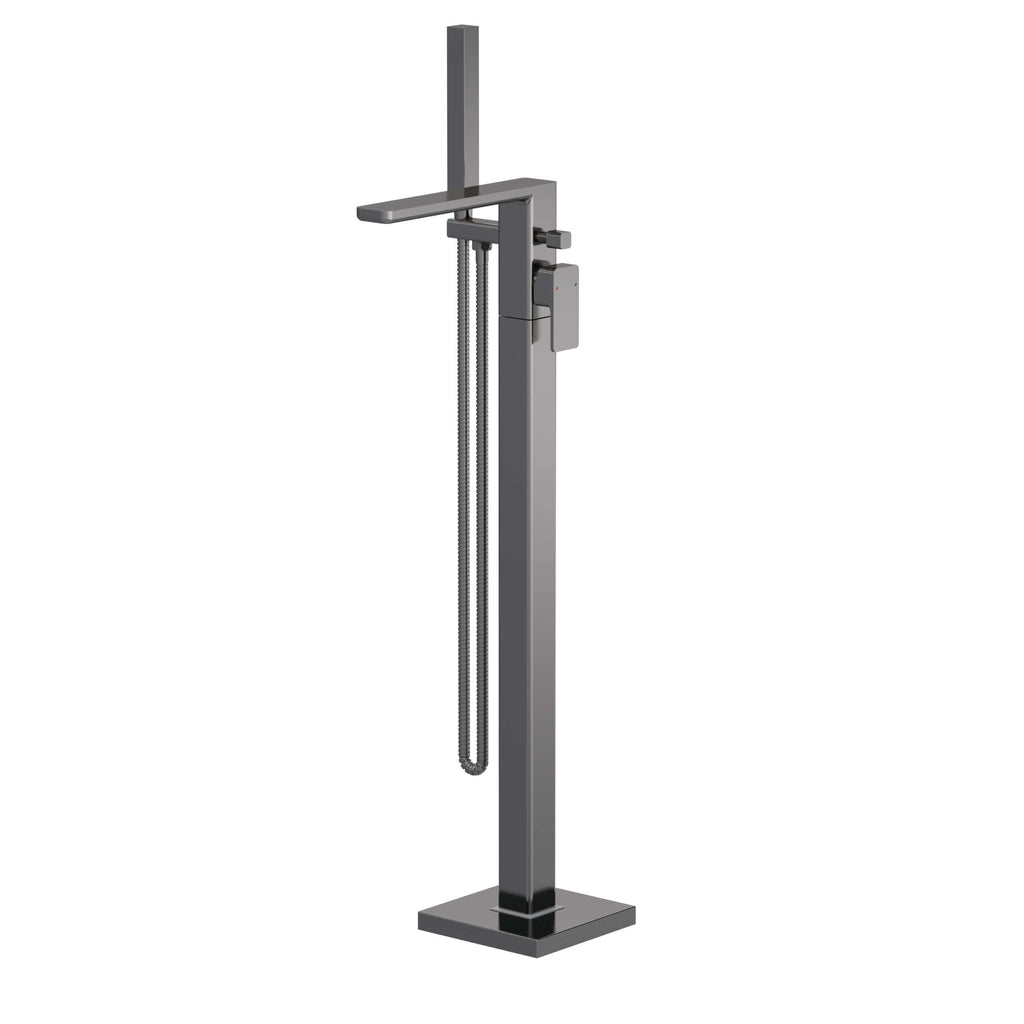 Sleek modern freestanding bathroom shower column with handheld showerhead and adjustable height, crafted in durable stainless steel for luxurious bathroom renovation.