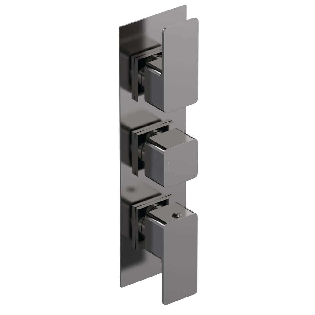 Shower valve with three controls in stainless steel finish, ideal for modern bathroom renovations. Designed by Bubly Bathrooms for precise temperature and flow control.