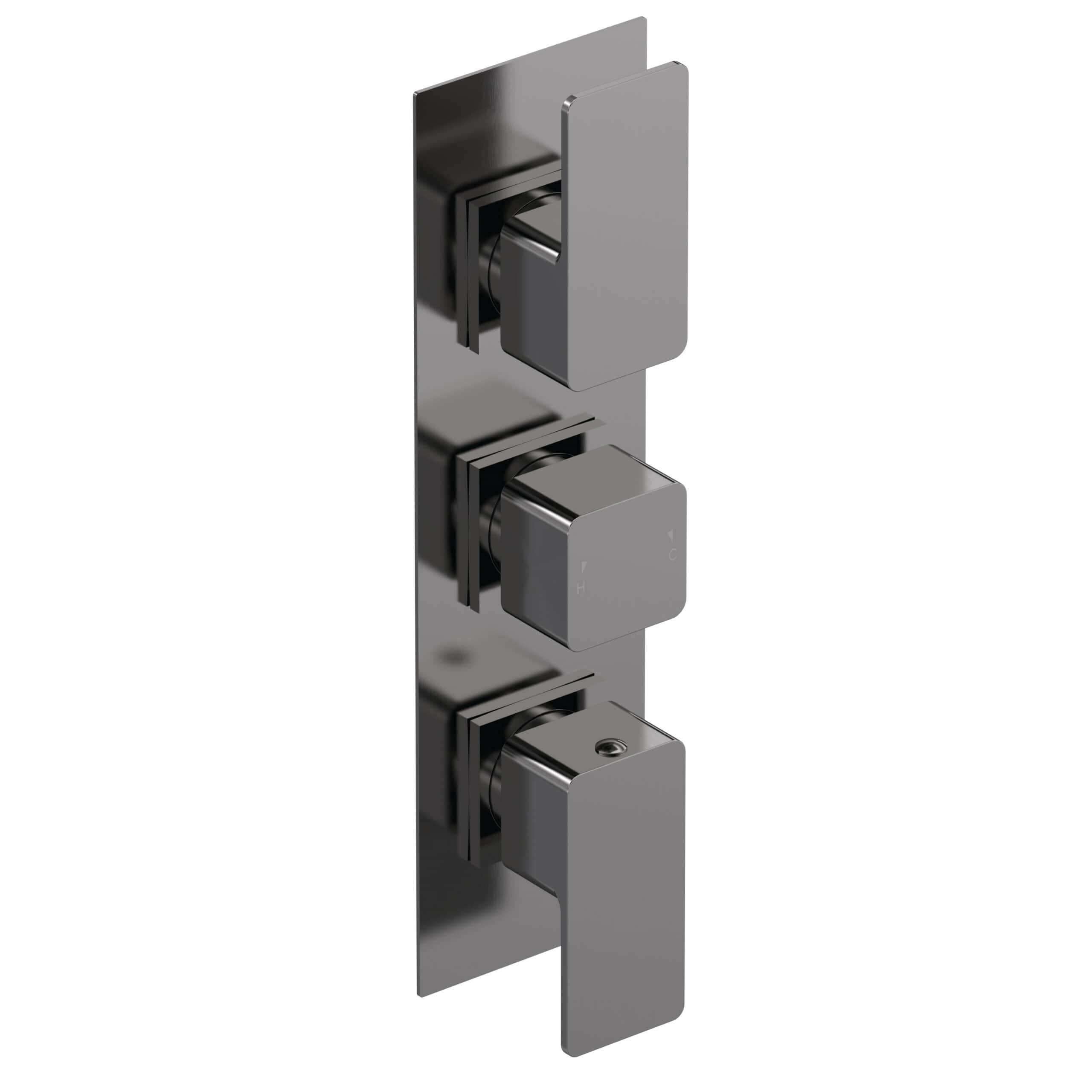 Sleek modern shower valve with square controls in chrome finish, ideal for contemporary bathroom designs.