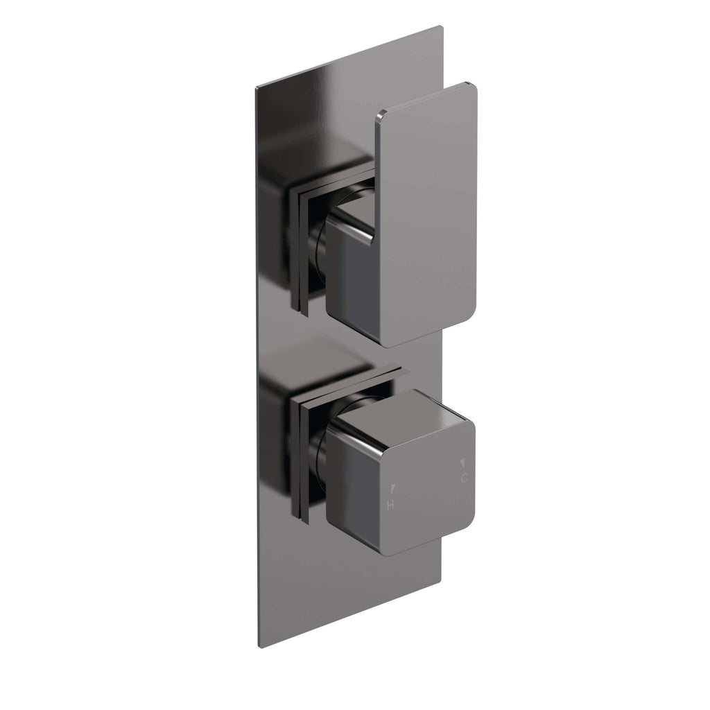 Chrome thermostatic shower valve with lever controls for adjustable water temperature, ideal for modern bathrooms. Crafted from durable stainless steel for long-lasting performance.