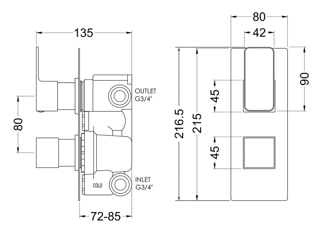 High-quality bathroom valve technical drawing with precise measurements for installation and plumbing fixtures, emphasising durable bathroom fittings tailored for modern bathrooms.