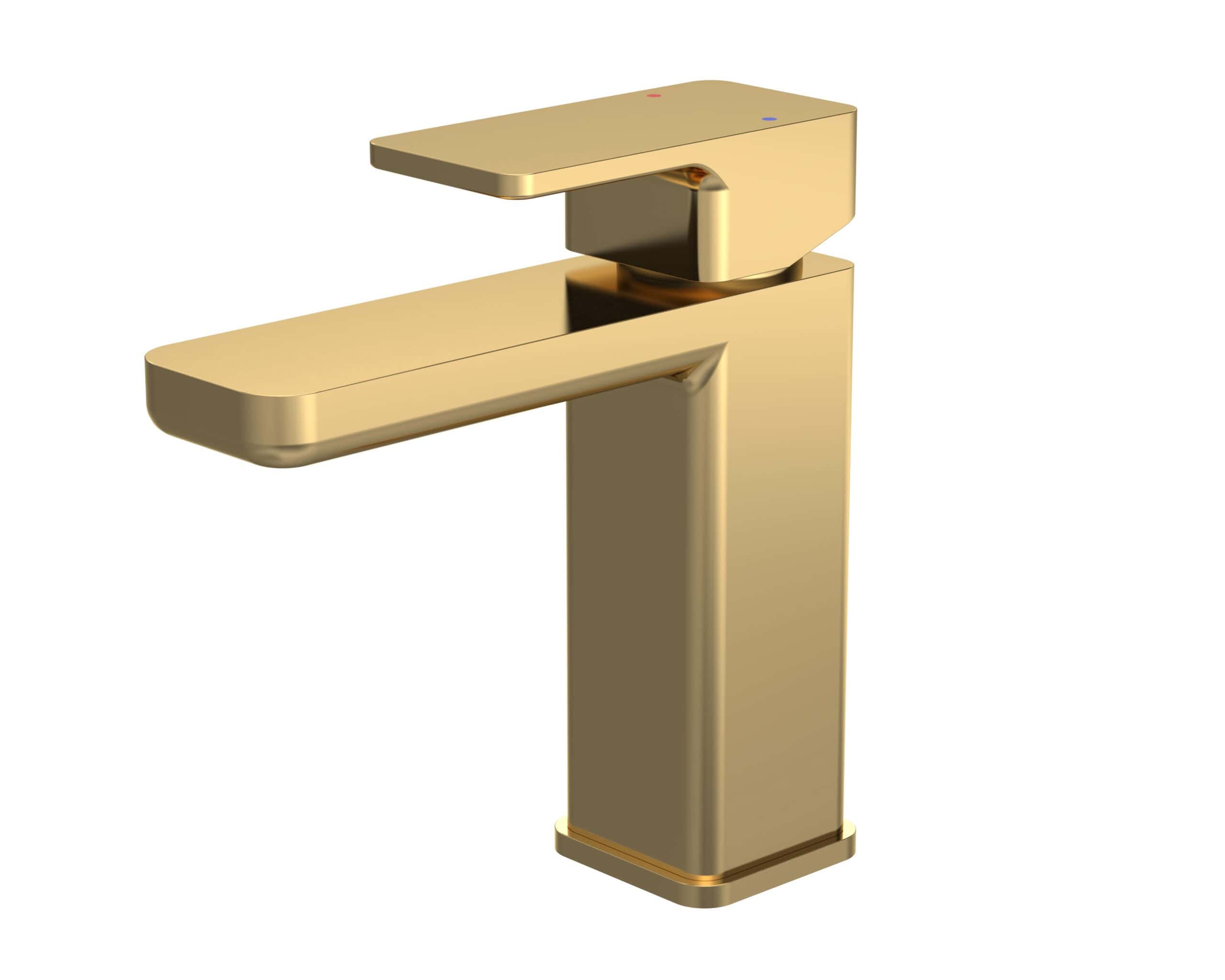 Polished gold finish modern bathroom mixer tap with sleek, minimalist design by Bubly Bathrooms.