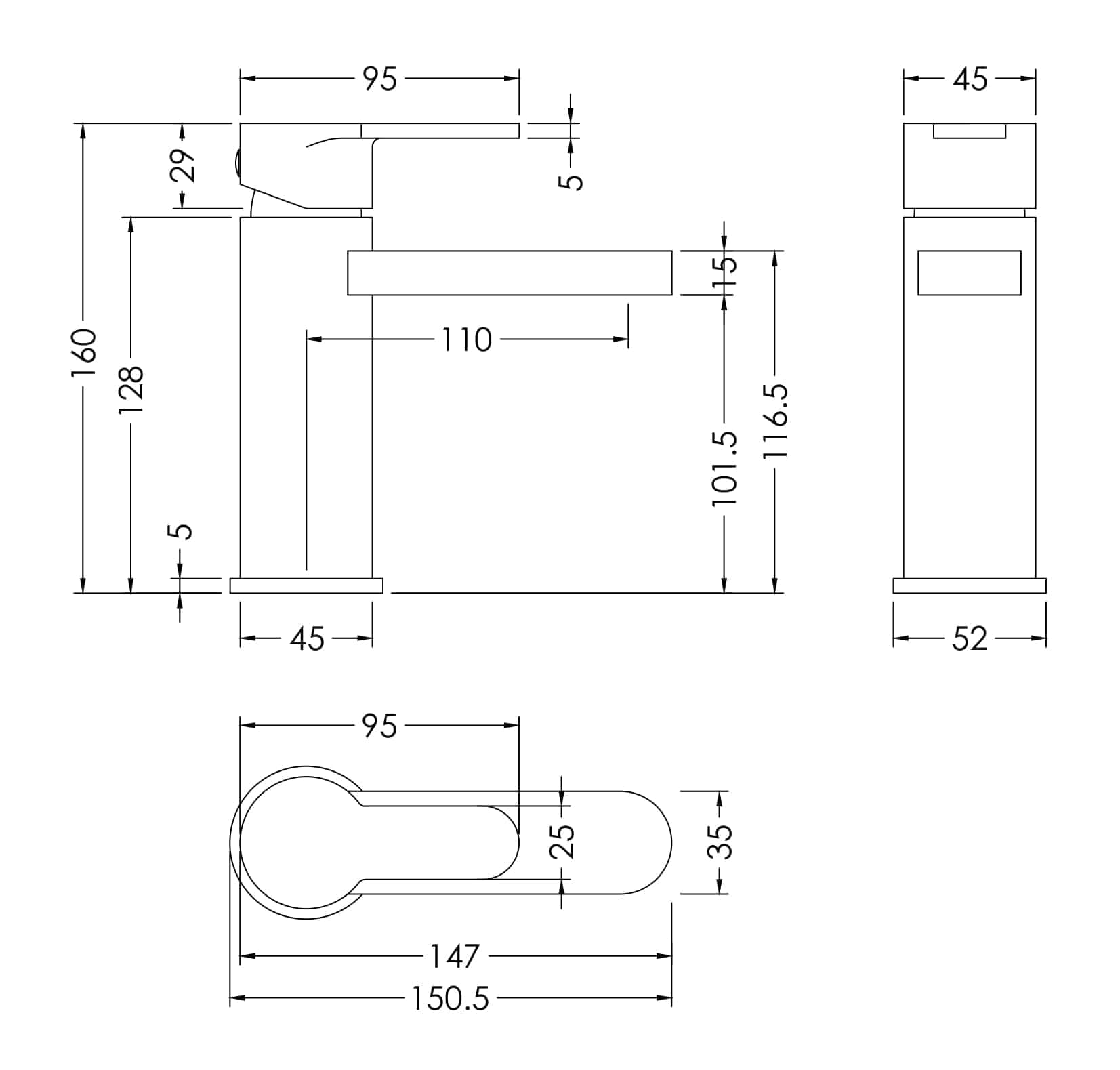 High-quality bathroom sink tap with precise measurements, modern design, and ceramic handle for elegant bathroom fixtures. Ideal for contemporary and classic bathroom refurbishments.