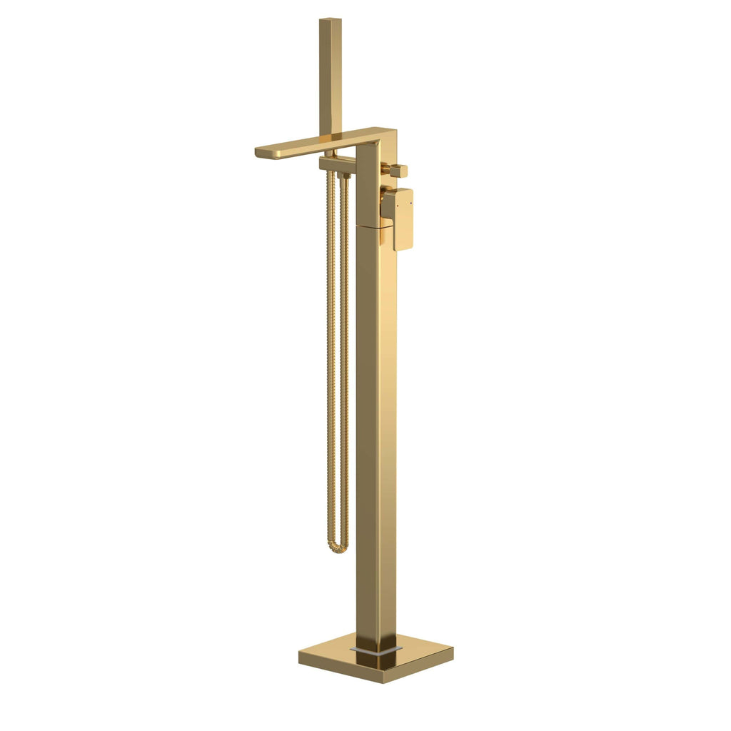 Luxurious gold freestanding bathtub or bathroom tap with modern design and sleek finish for contemporary bathroom decor. Perfect for upgrading your bathroom with elegant fixtures.