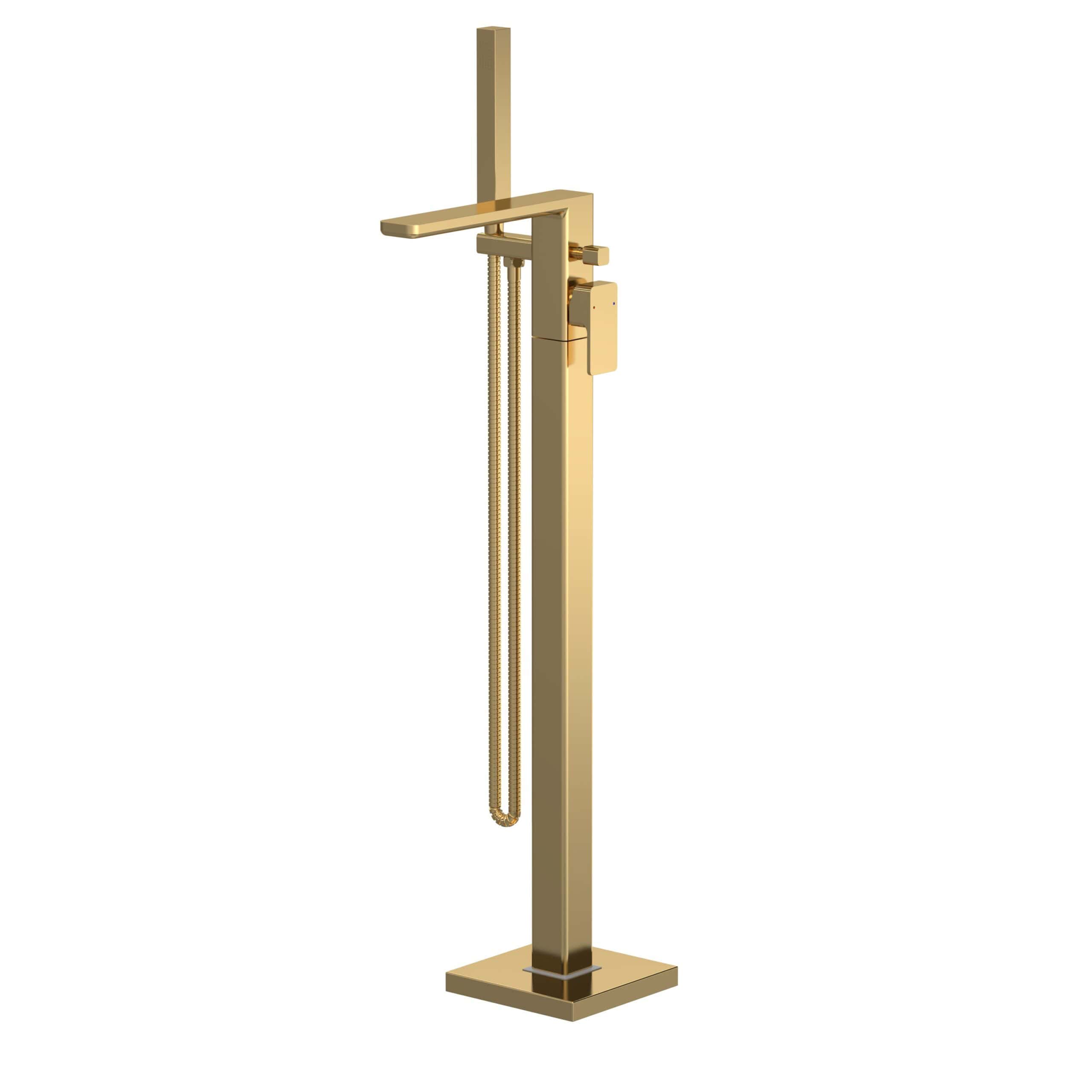 Luxurious gold freestanding bathtub or bathroom tap with modern design and sleek finish for contemporary bathroom decor. Perfect for upgrading your bathroom with elegant fixtures.
