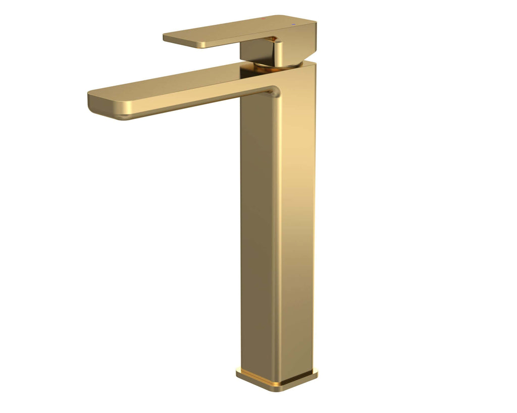 Polished gold bathroom basin mixer tap, modern and elegant design for luxurious bubly bathrooms. Perfect for high-end bathroom fixtures and sophisticated interiors.