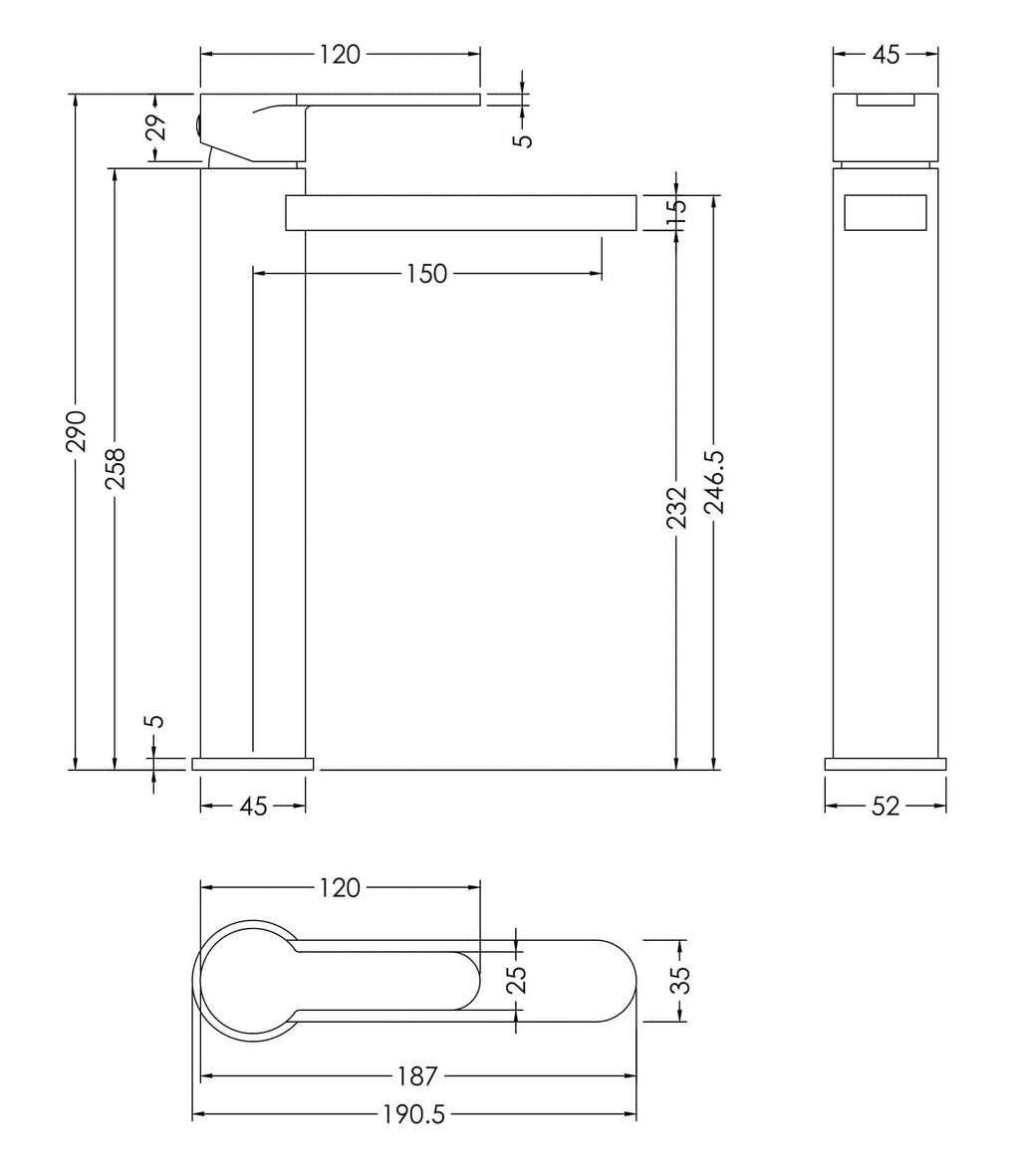 Sleek modern bathroom tap with detailed technical drawing highlighting its dimensions and design features for contemporary bathroom renovations.