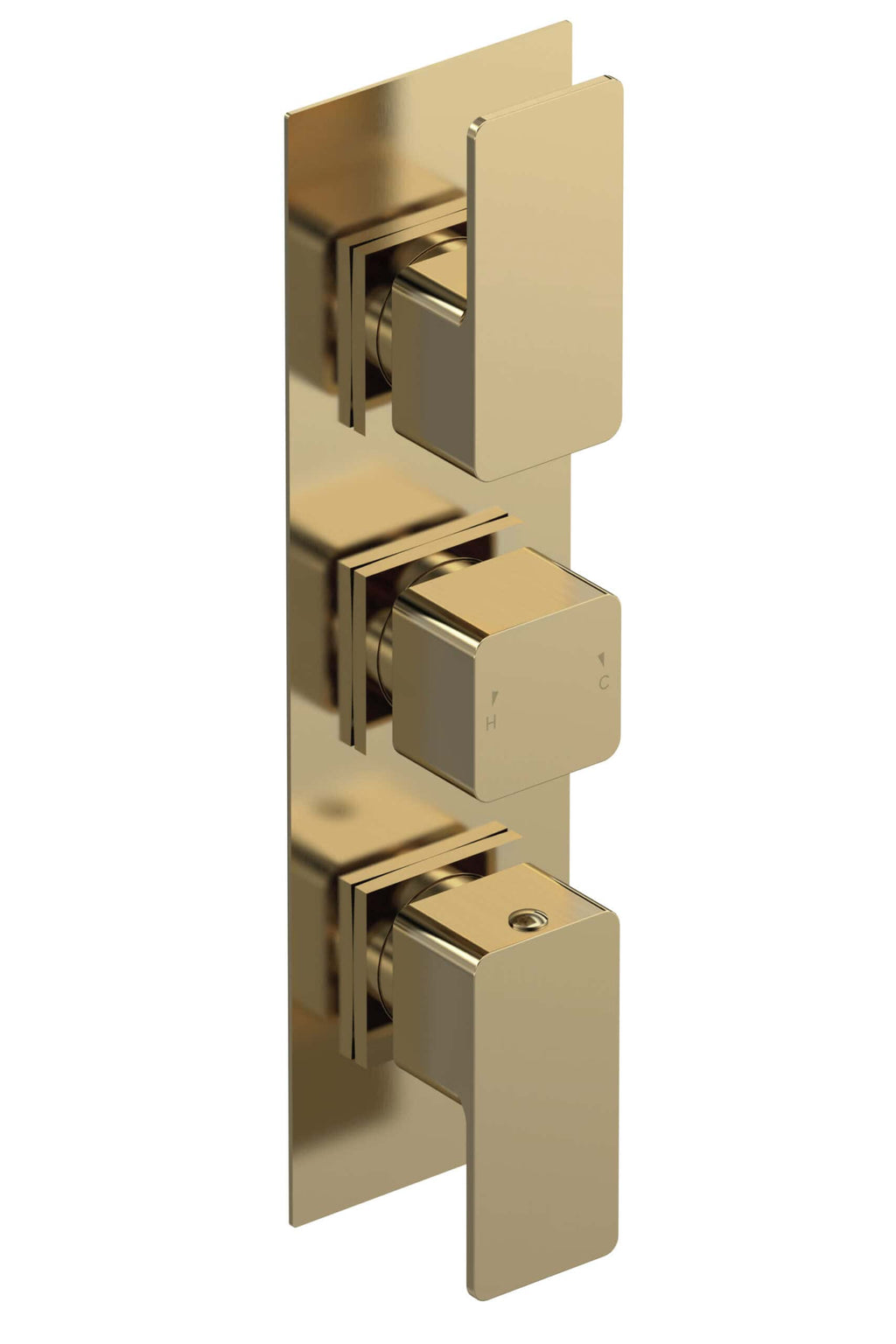 Shower valve controls for bathroom plumbing, finished in polished gold for a modern, luxurious look. Ideal for high-end bathroom renovations and customised shower systems.