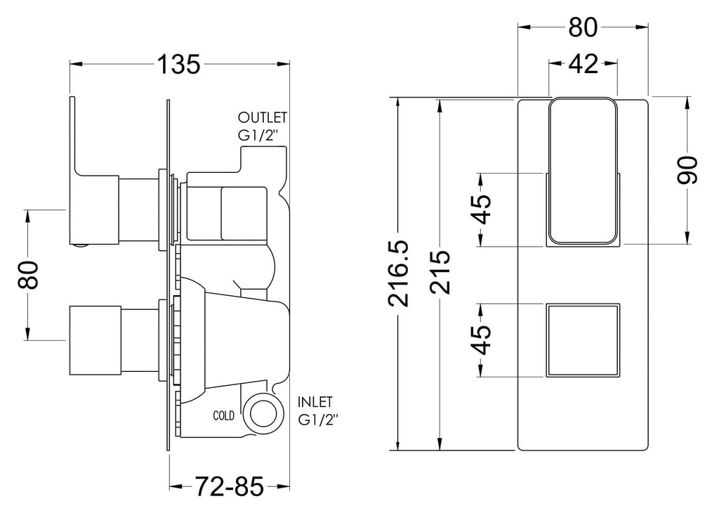 Adequately detailed technical diagram of Bubly Bathrooms shower valve with dimensions for plumbing installation.