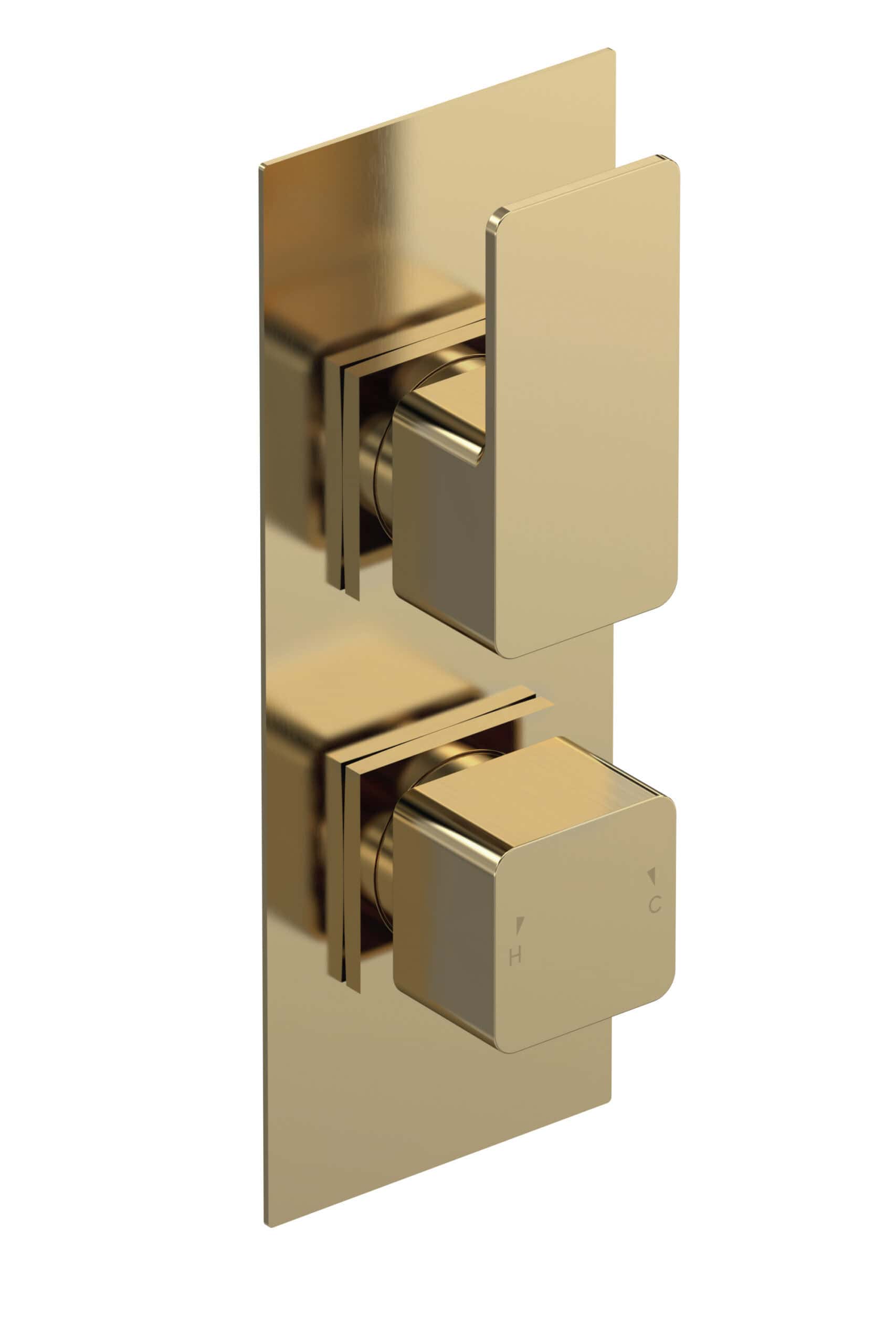 Sleek gold thermostatic shower valve with dual controls for temperature and flow, designed for modern bathrooms.