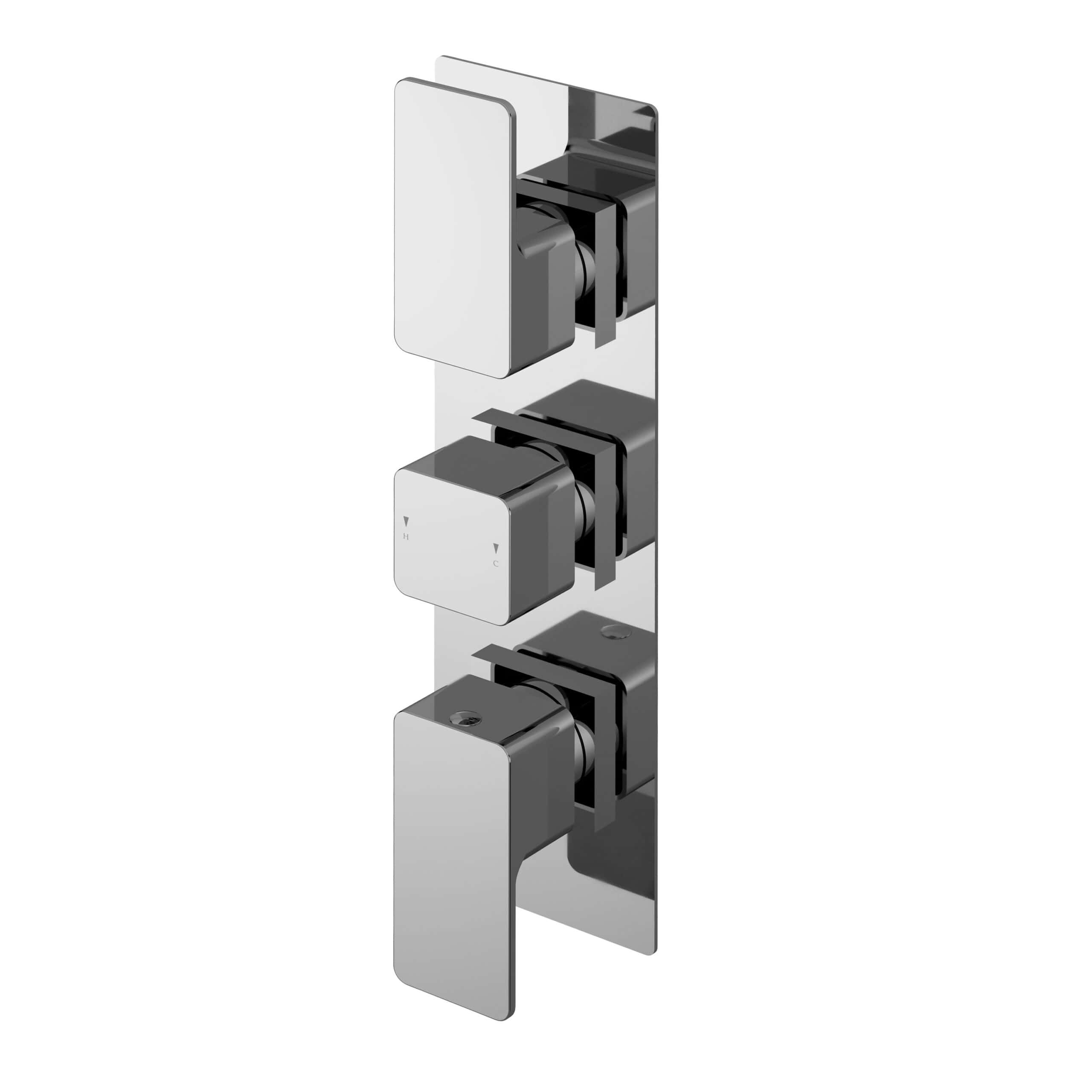 Shower control panel with modern chrome finish for bathroom fittings. Easy-to-use thermostatic mixer with three adjustment knobs, ideal for bathroom renovations and high-end bathroom design.