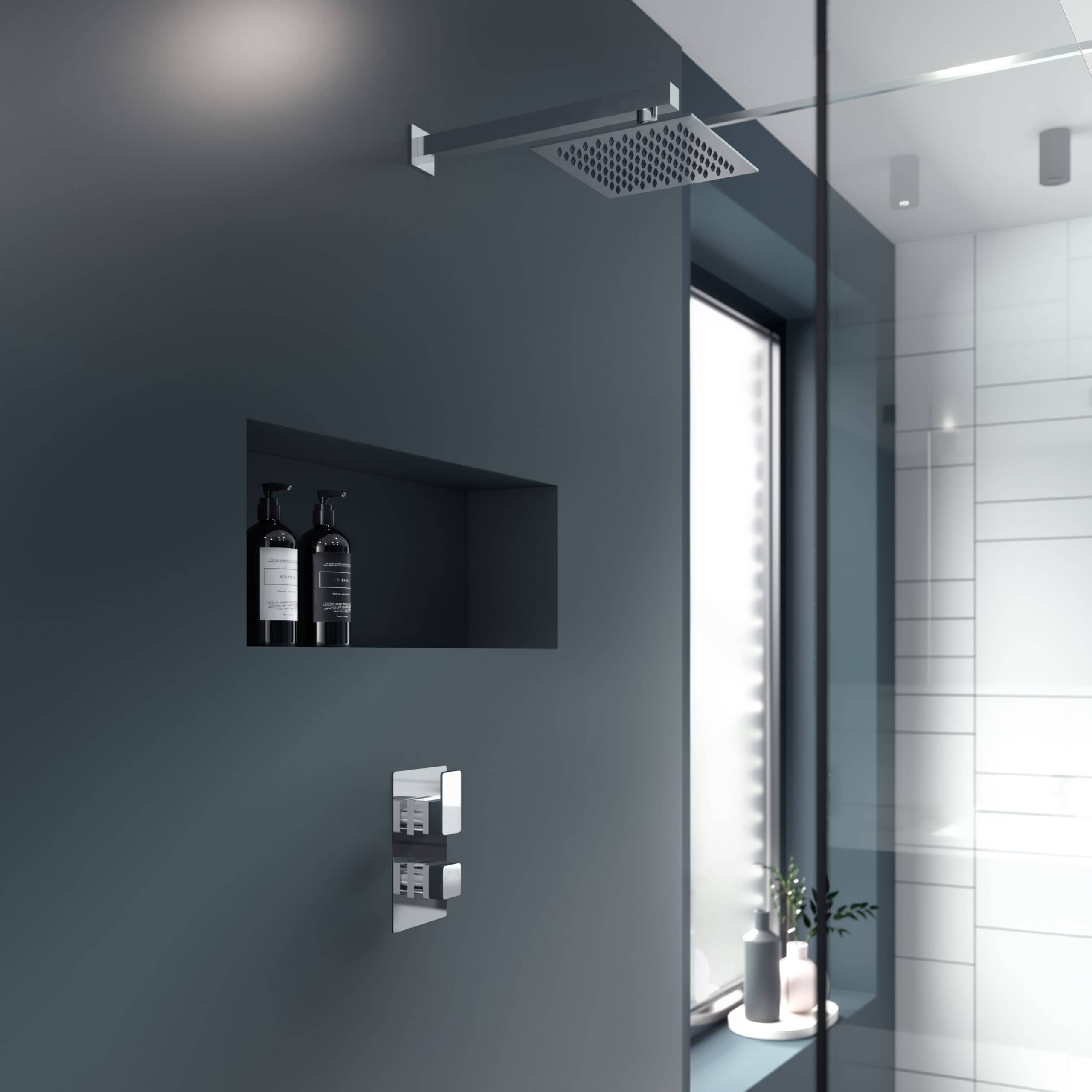 Bubly bathrooms shower head and wall-mounted controls in modern bathroom design, sleek and minimalist, featuring a spacious shower area with built-in shelf and natural light, showcasing contemporary bathroom fixtures and decor.