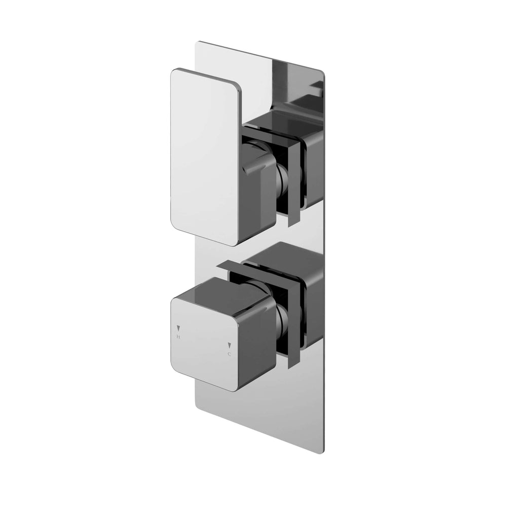 Chrome shower control panel with dual thermostatic valves for modern bathroom bathrooms. Elegant, sleek design for efficient temperature regulation and stylish bathroom upgrade.