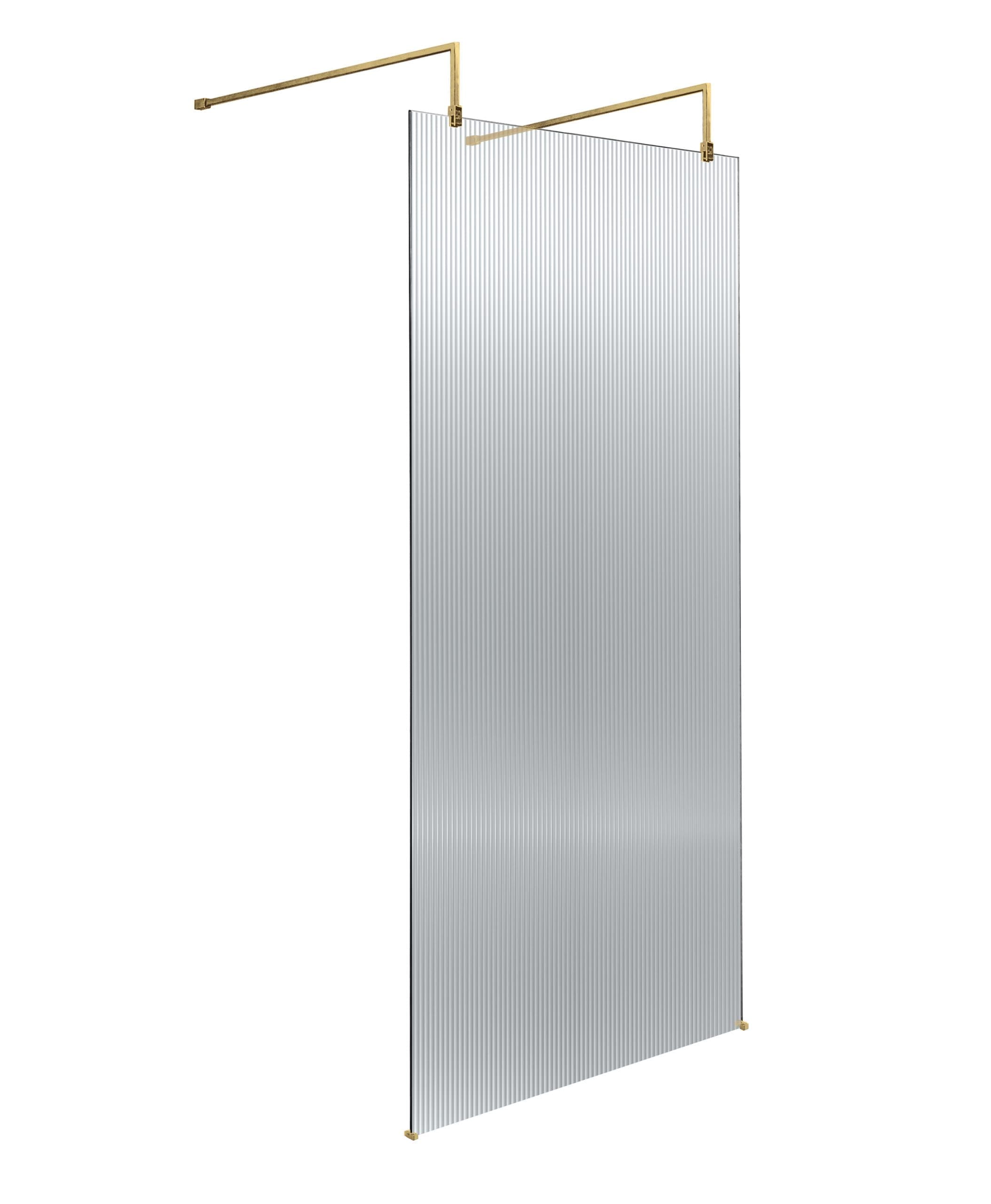 Grey corrugated bathroom privacy screen with gold support bars, ideal for modern Bubly Bathrooms. Perfect for creating a stylish and functional shower or changing area in your bathroom.