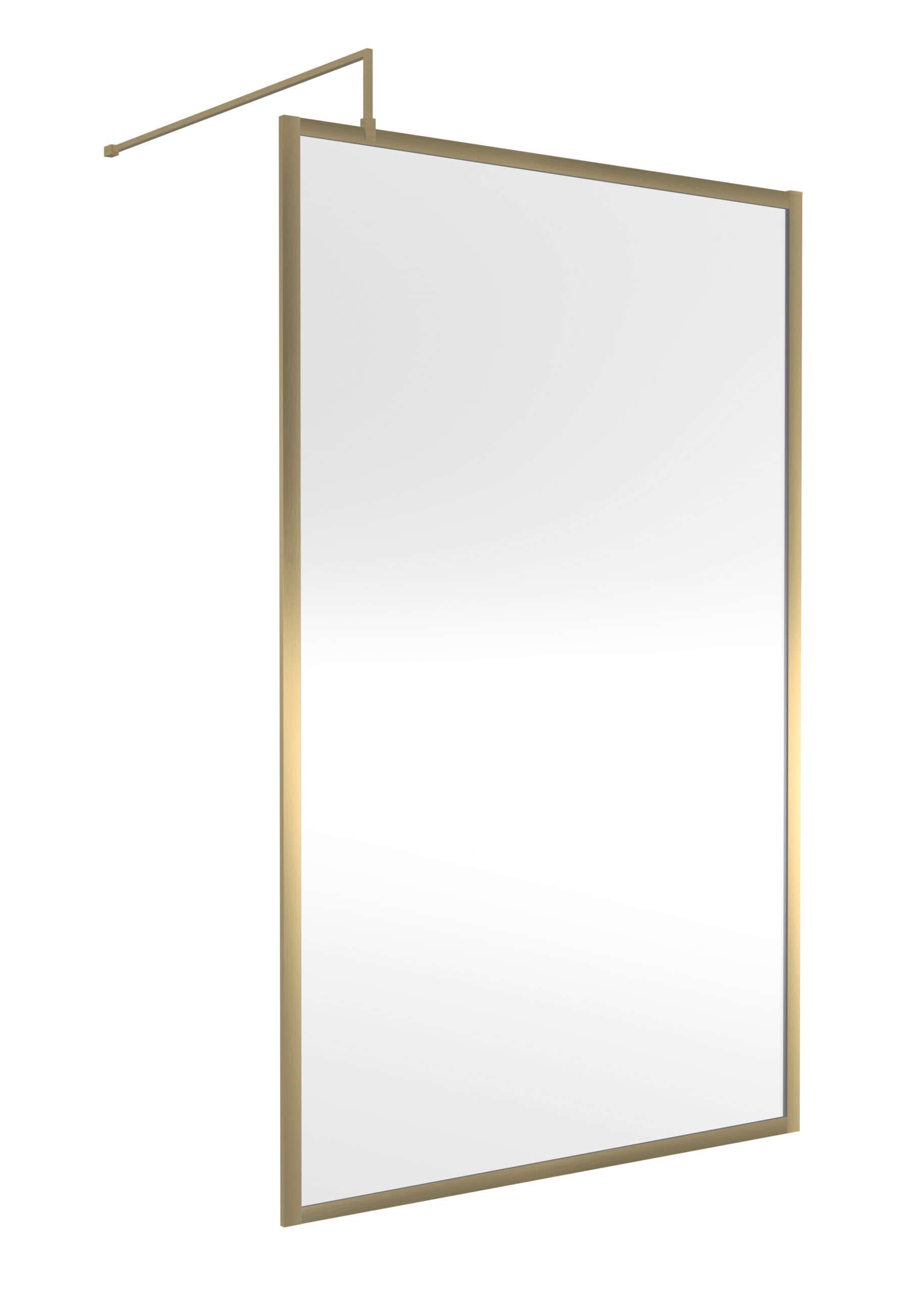Bright modern bathroom mirror with a sleek gold frame and hanging rod, perfect for enhancing bathroom decor and functionality. Made by Bubly Bathrooms for stylish, practical bathroom spaces.