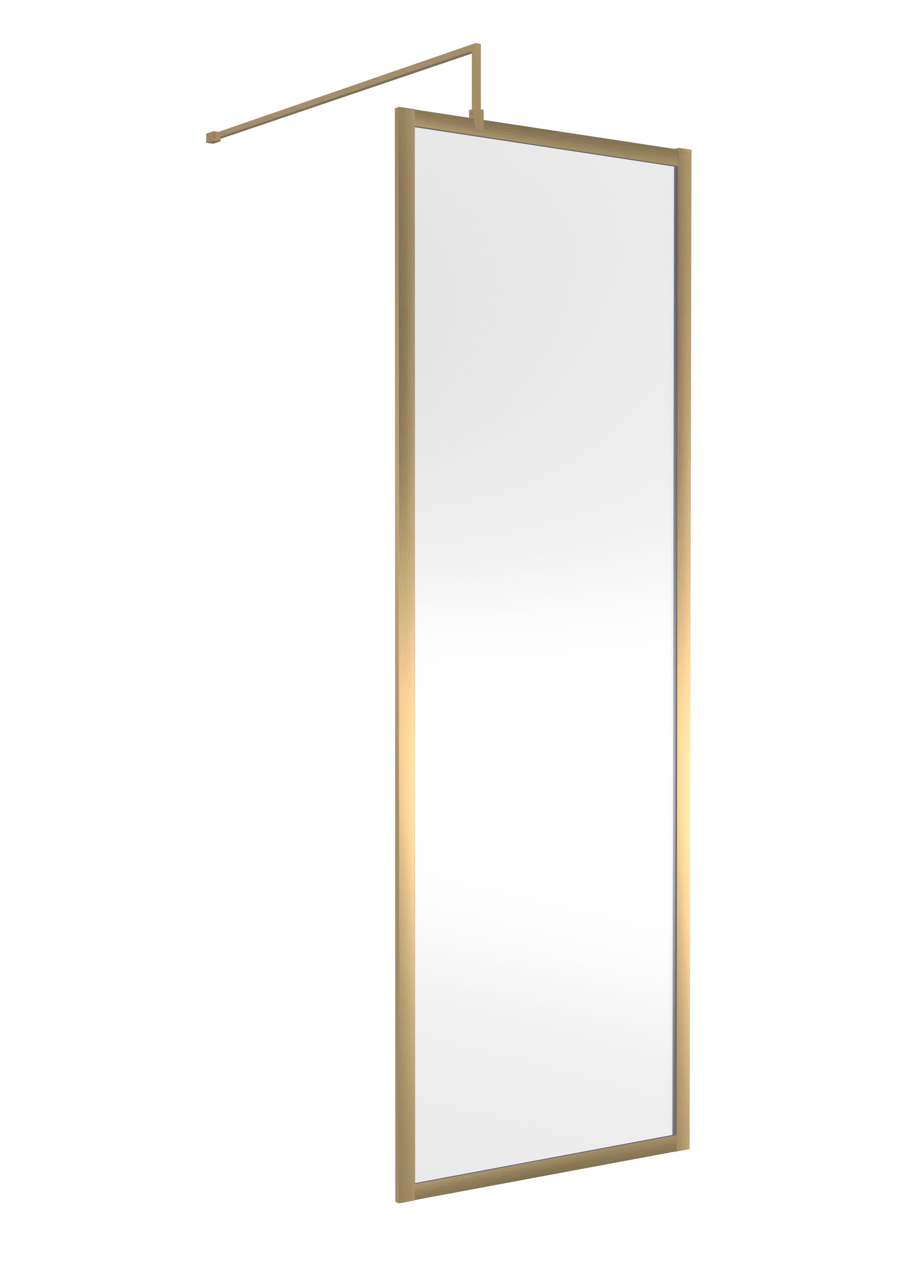 Sleek modern full-length bathroom mirror with a wooden frame and ceiling-mounted support, ideal for contemporary bathroom designs and enhancing space perception.